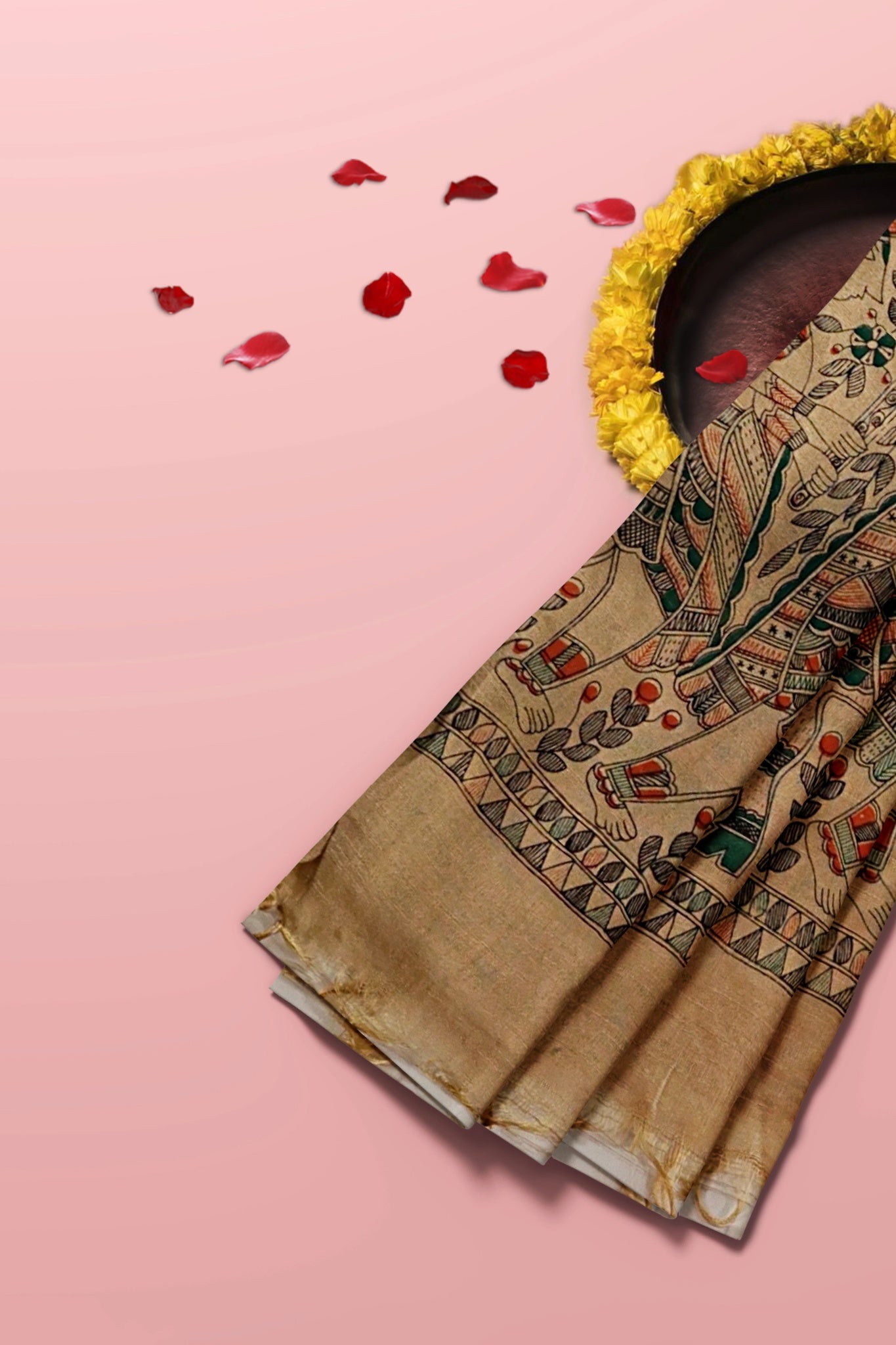 Reva Pure Cotton Silk Unstitched Suit Set, Madhubani Print in Vibrant Shades of Green, Orange & Black Colour - Indian Handloomz