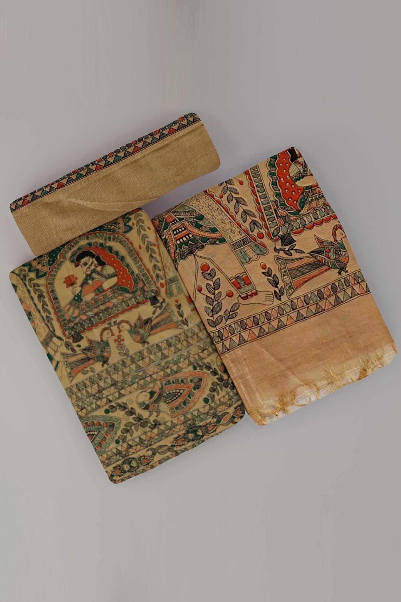 Reva Pure Cotton Silk Unstitched Suit Set, Madhubani Print in Vibrant Shades of Green, Orange & Black Colour - Indian Handloomz