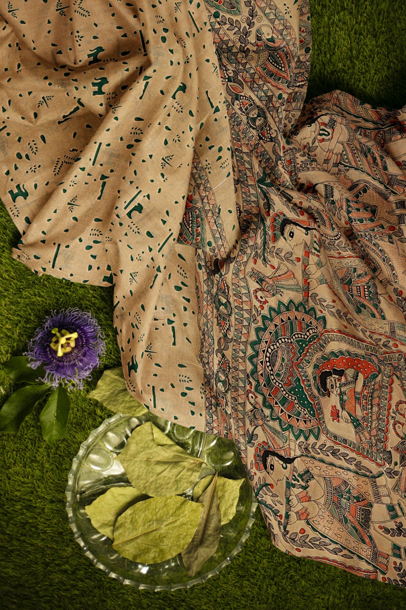 Reva Pure Cotton Silk Unstitched Suit Set, Madhubani Print in Vibrant Shades of Green, Orange & Black Colour - Indian Handloomz