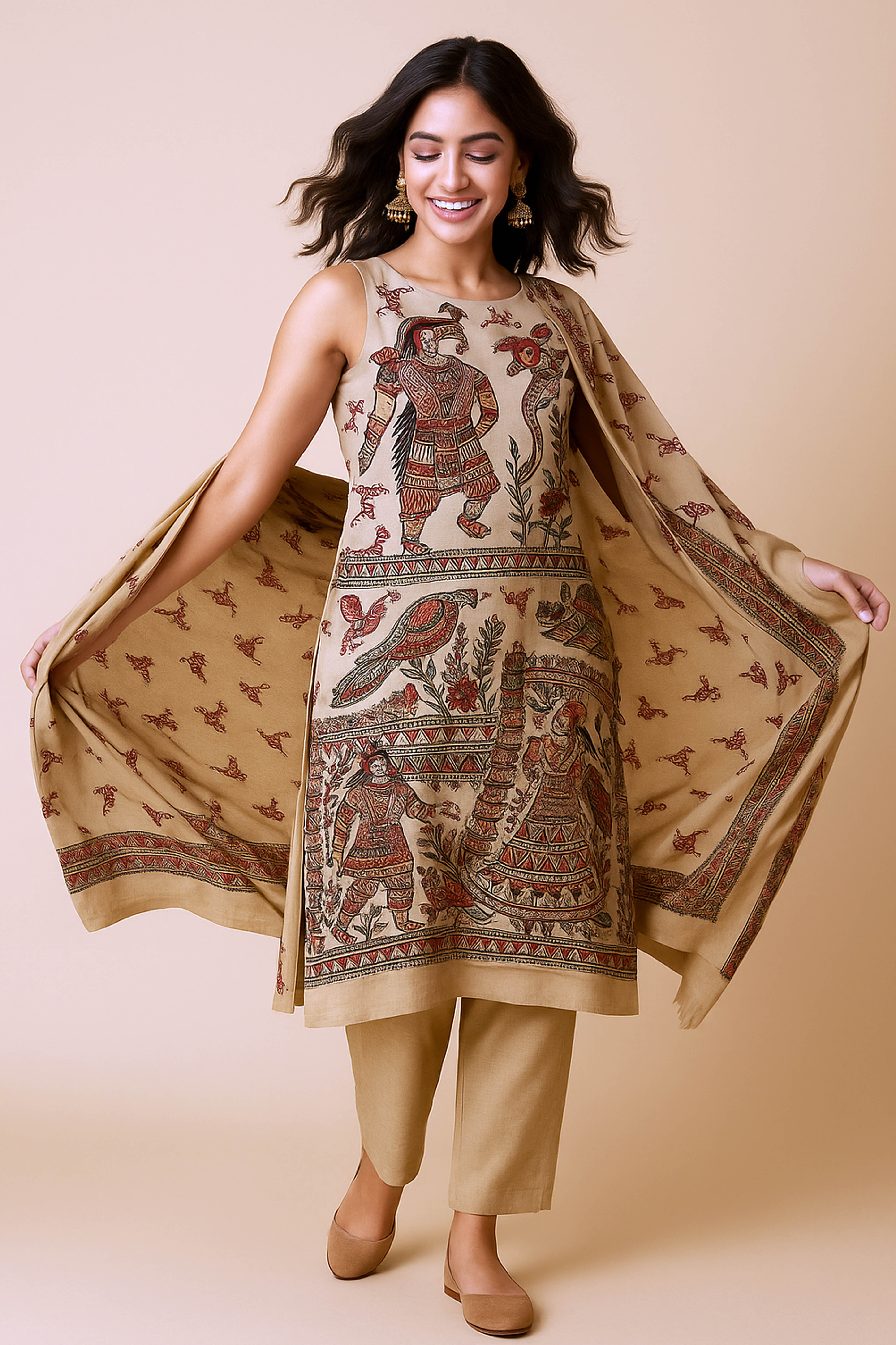 Damini Pure Cotton Silk Unstitched Suit Set, Madhubani Print in Vibrant Shades of Burgundy, Orange & Black Colour - Indian Handloomz