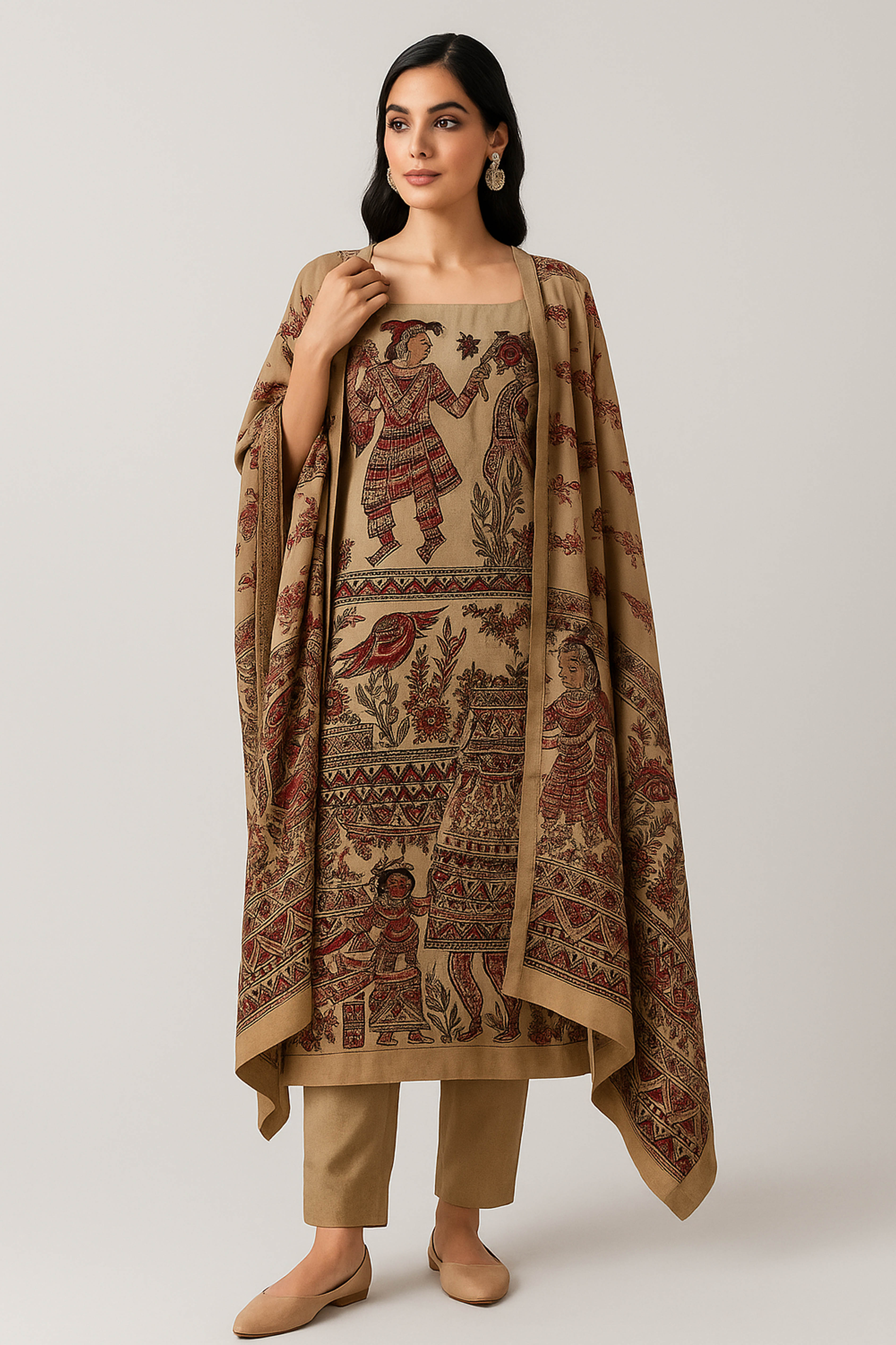 Damini Pure Cotton Silk Unstitched Suit Set, Madhubani Print in Vibrant Shades of Burgundy, Orange & Black Colour - Indian Handloomz