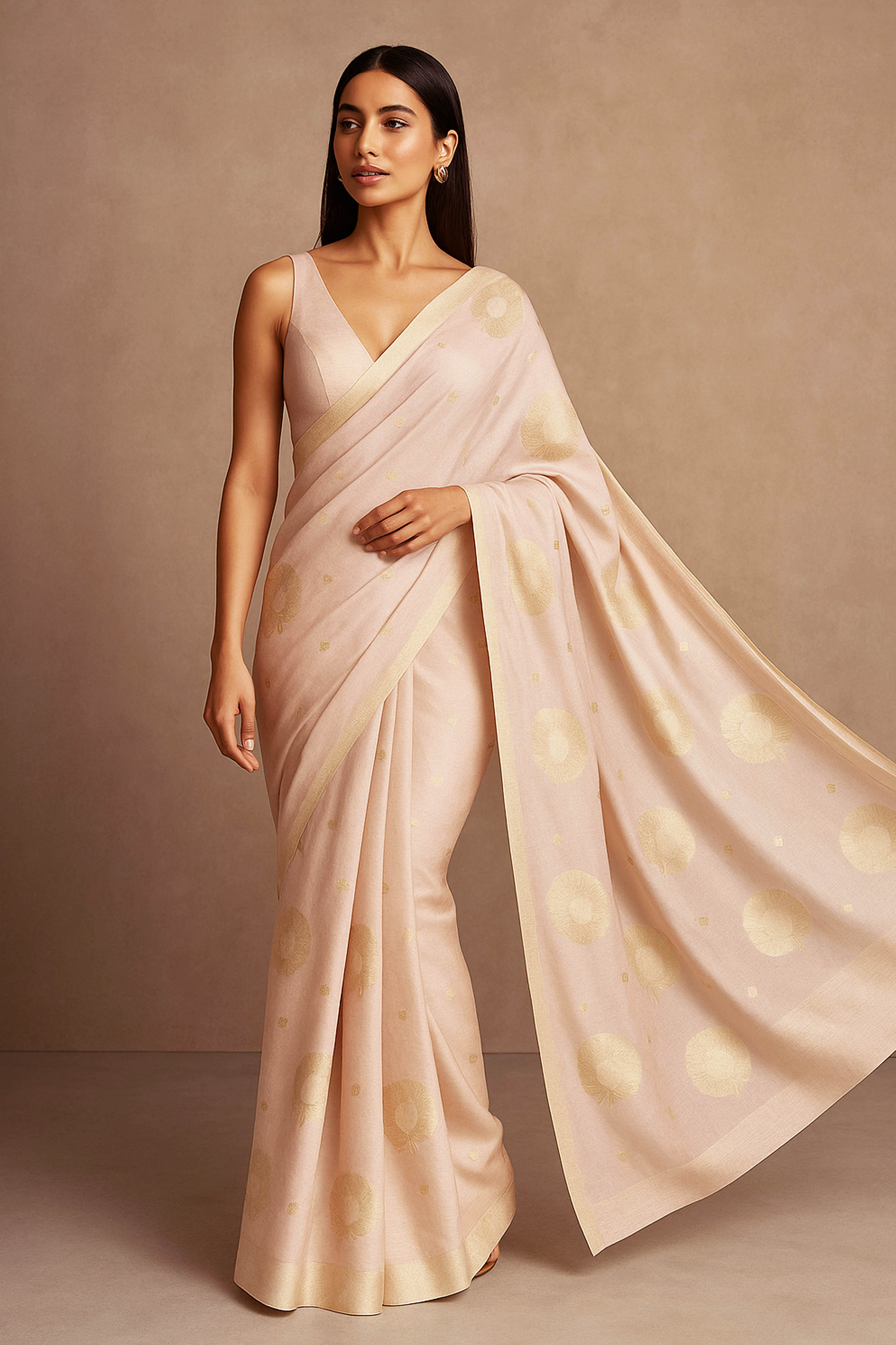 Soft Tissue Linen Saree with Zari in Peach Colour