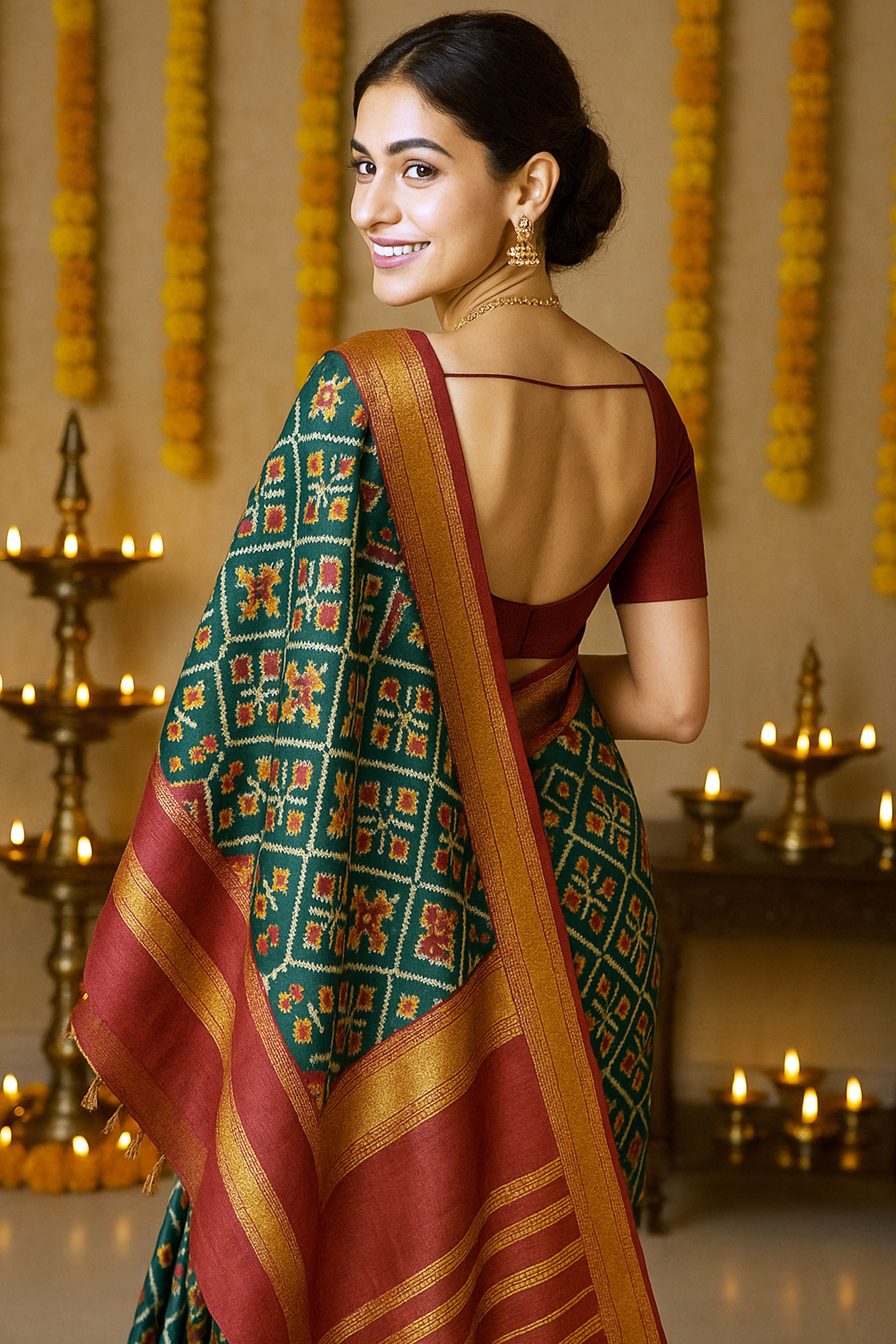 Aranya Elite & Rich Look Patola & Zig Zag Pattern Dual Tone Premium Dola Soft Silk Saree in Green & Maroon - Indian Handloomz