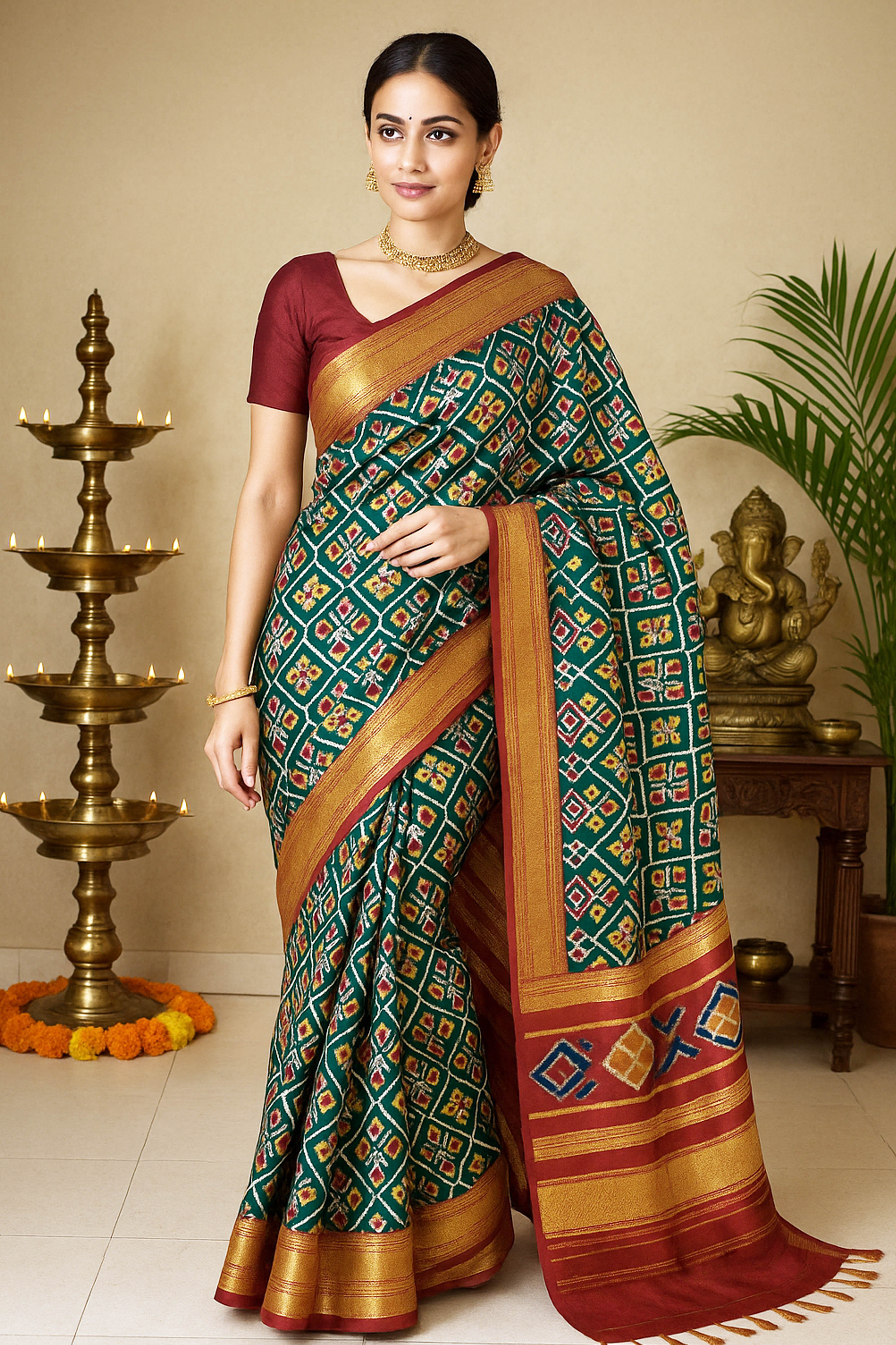 Aranya Elite & Rich Look Patola & Zig Zag Pattern Dual Tone Premium Dola Soft Silk Saree in Green & Maroon - Indian Handloomz