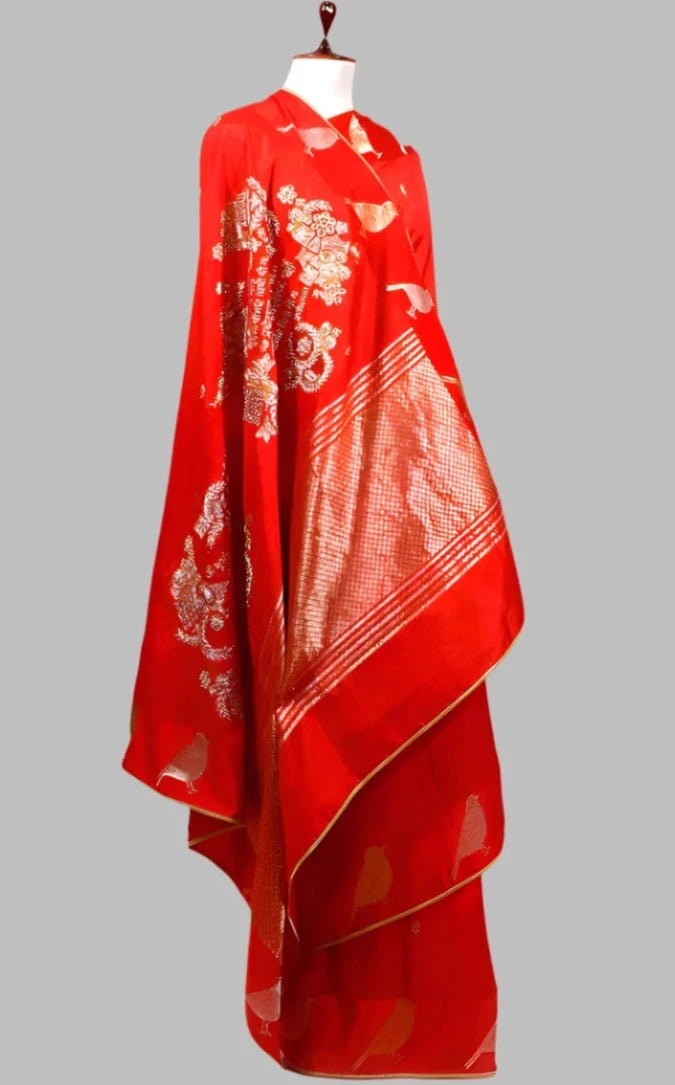 Nita Ambani Inspired Red Saree with Gayatri Mantra