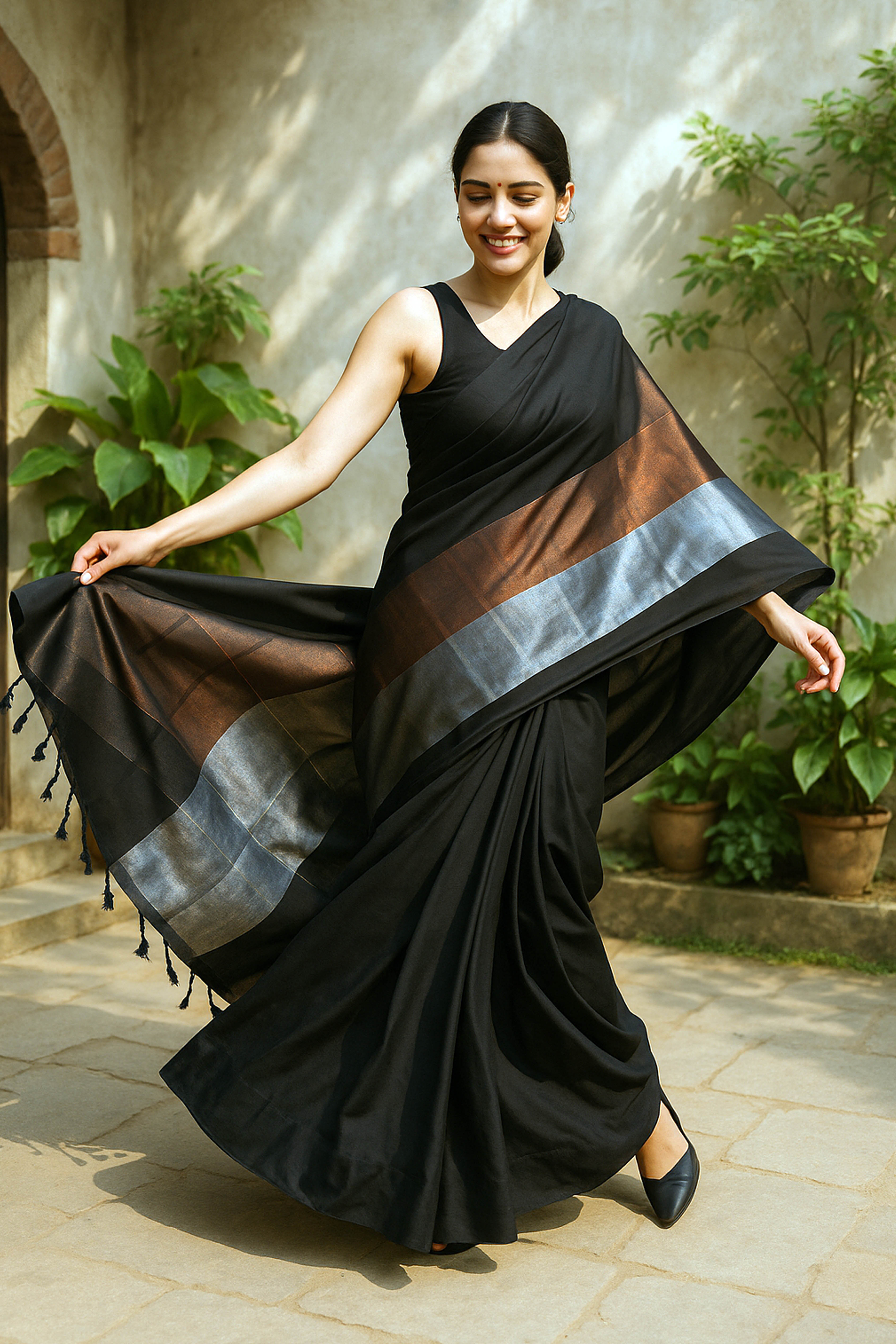 Black Cotton Saree with Zari Pallu - Indian Handloomz