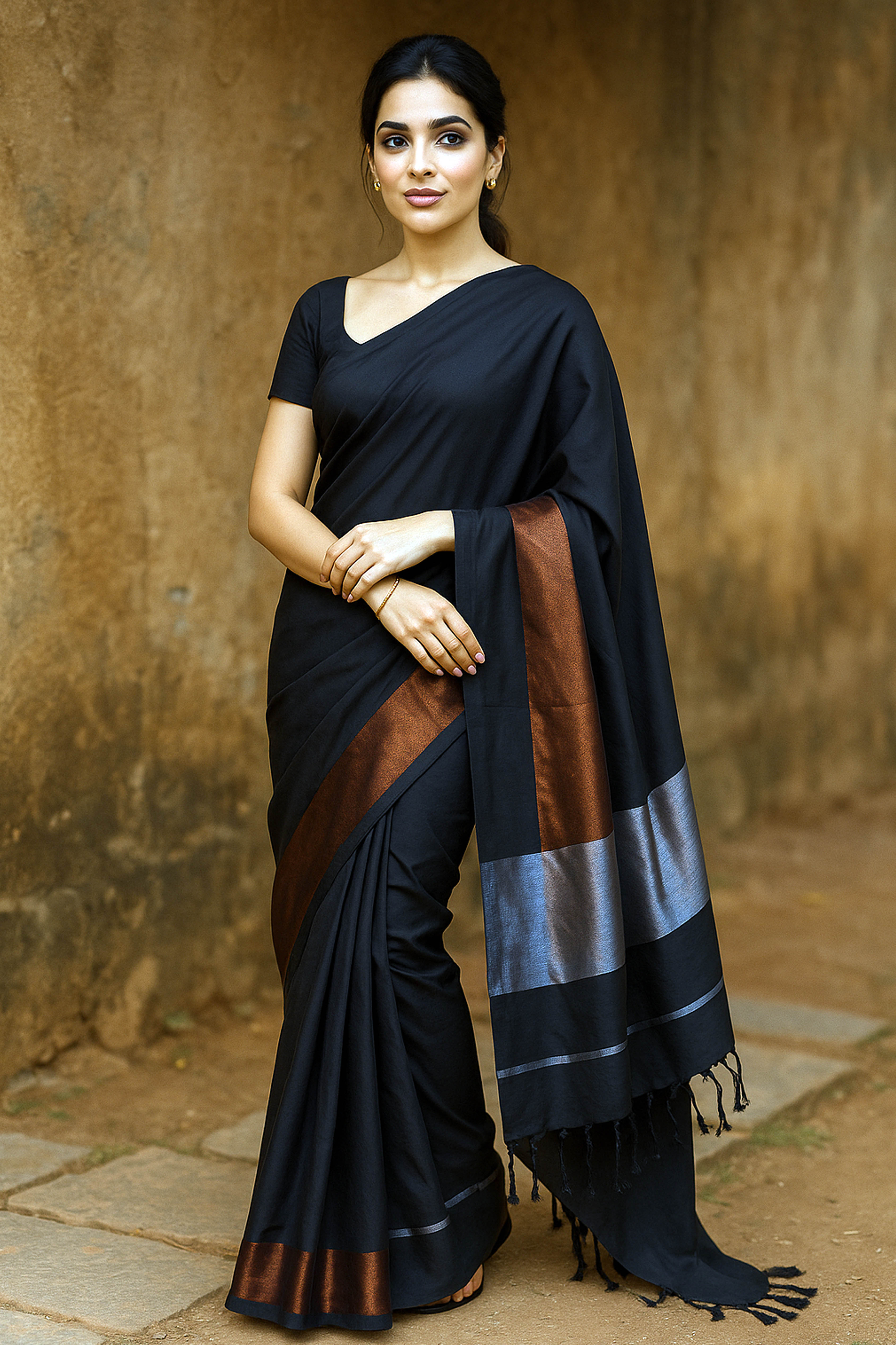Black Cotton Saree with Zari Pallu - Indian Handloomz