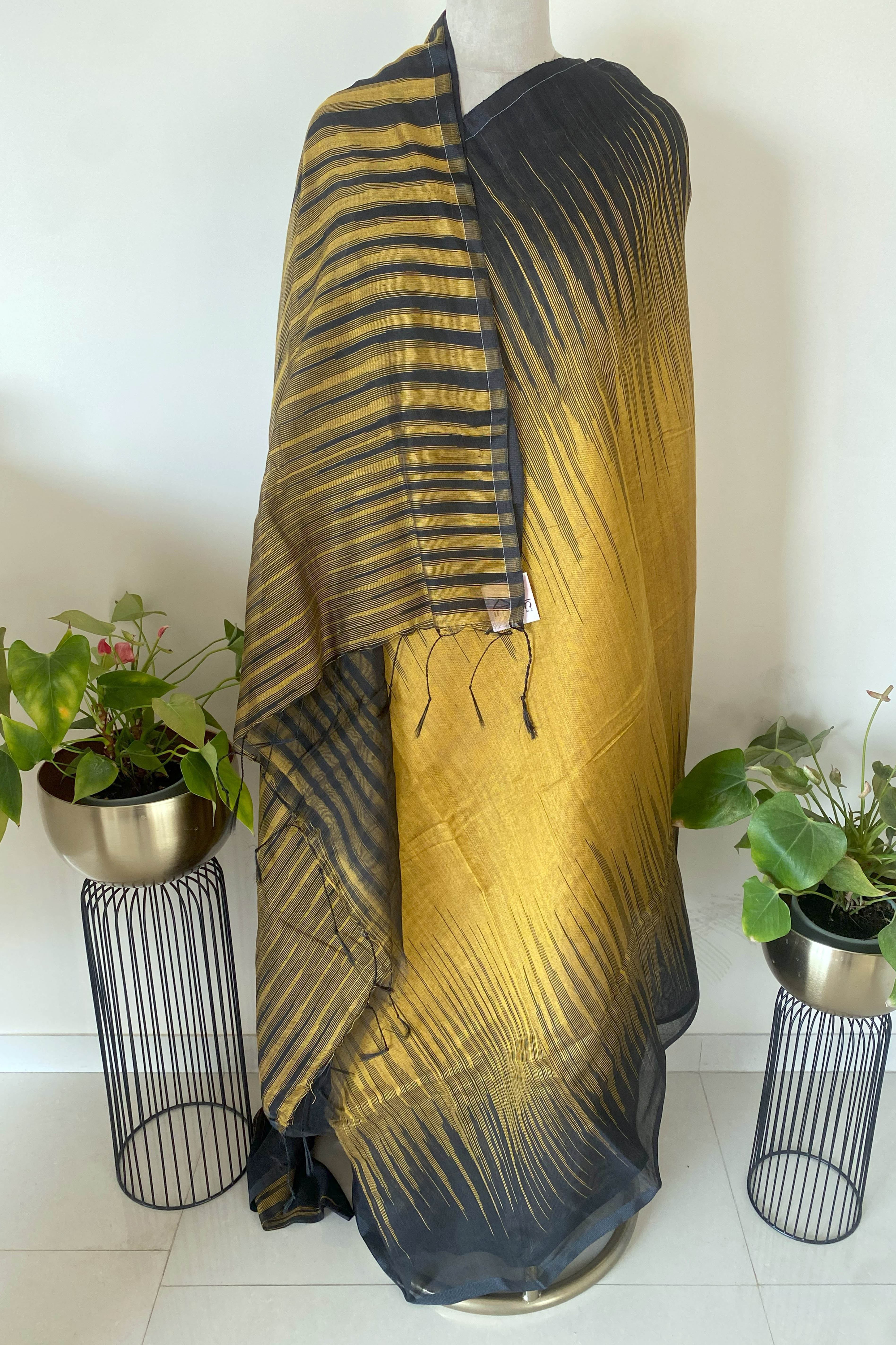 Black & Gold Cotton Ikkat Saree - Indian Handloomz
