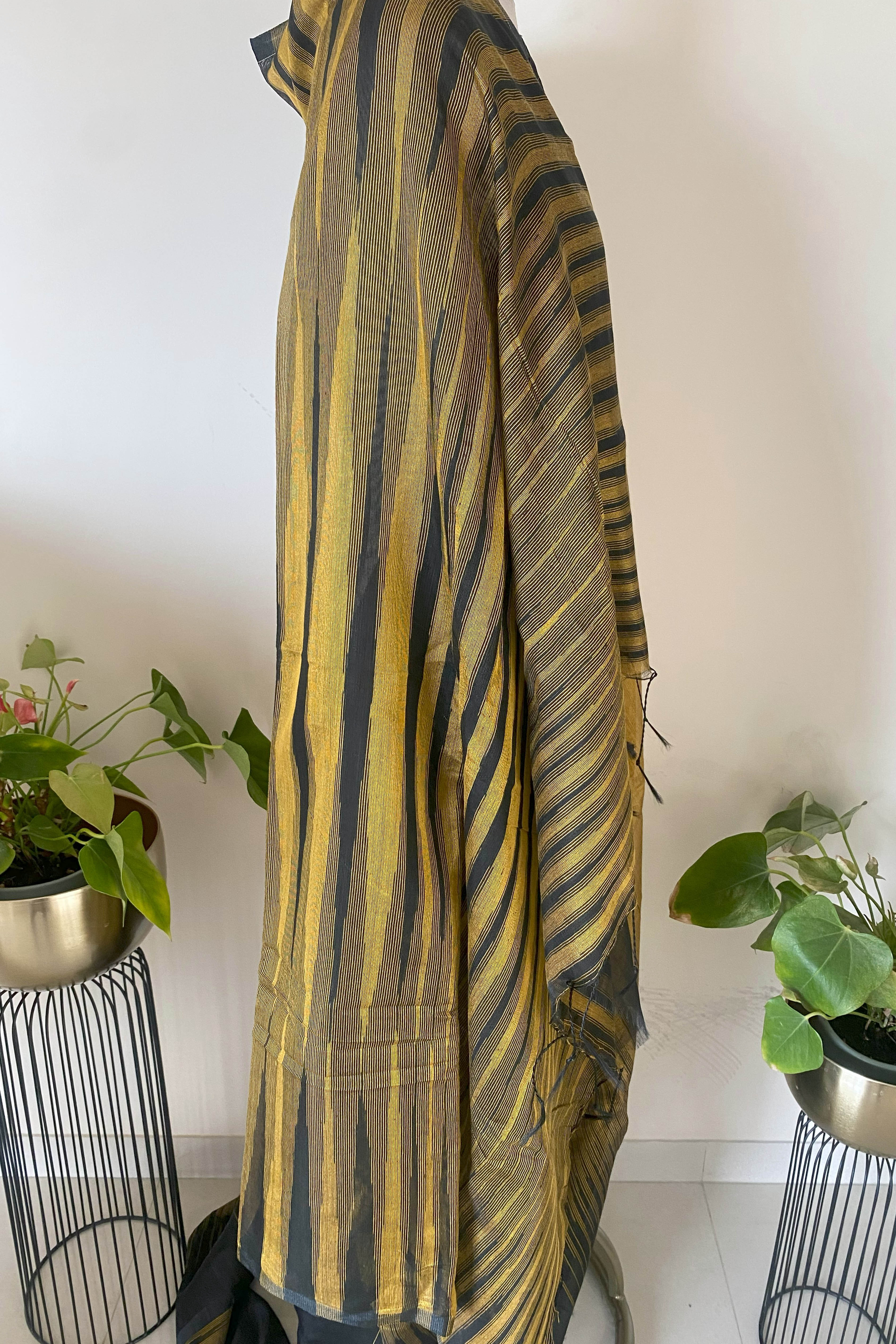 Black & Gold Cotton Ikkat Saree - Indian Handloomz