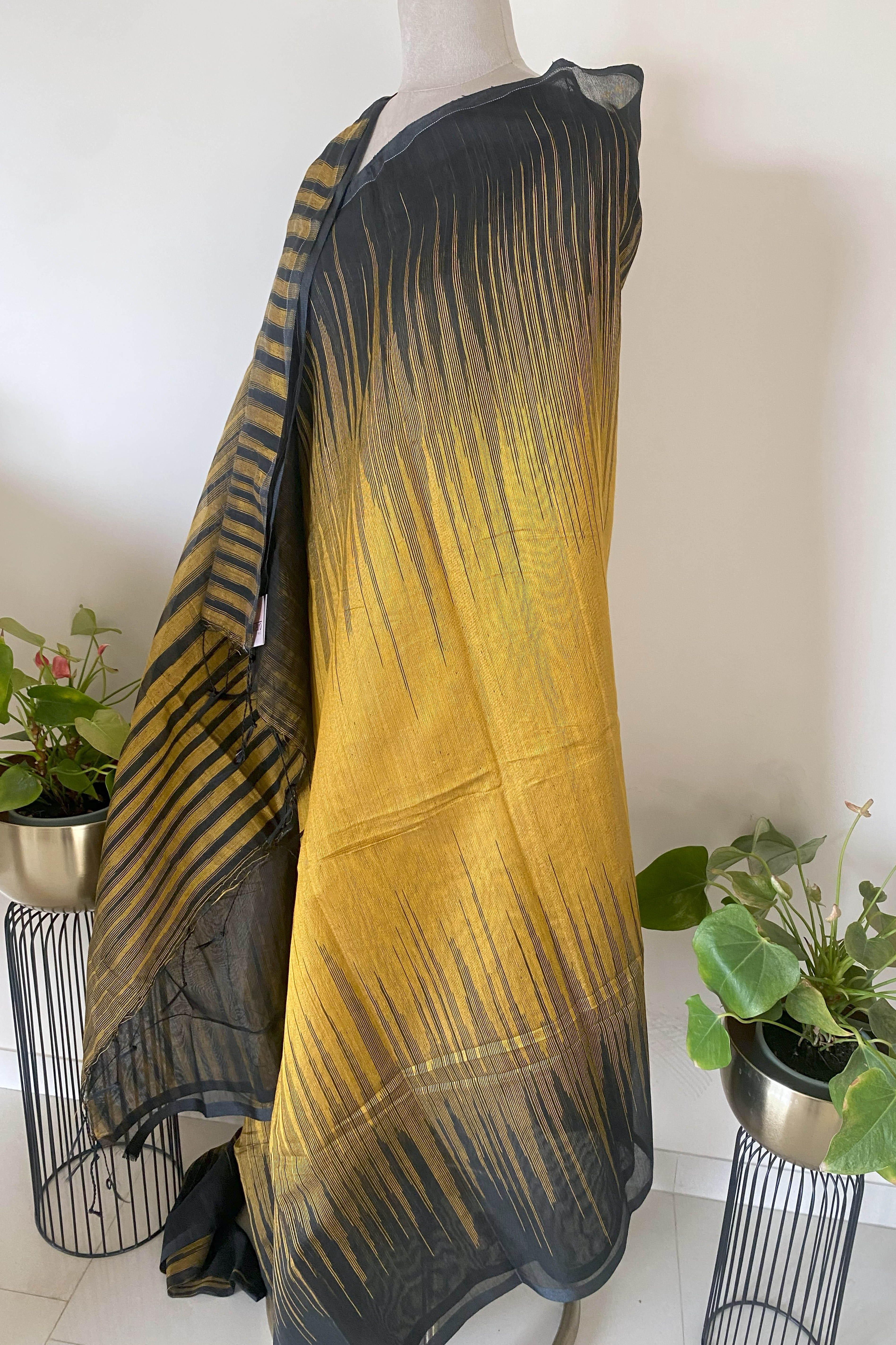 Black & Gold Cotton Ikkat Saree - Indian Handloomz