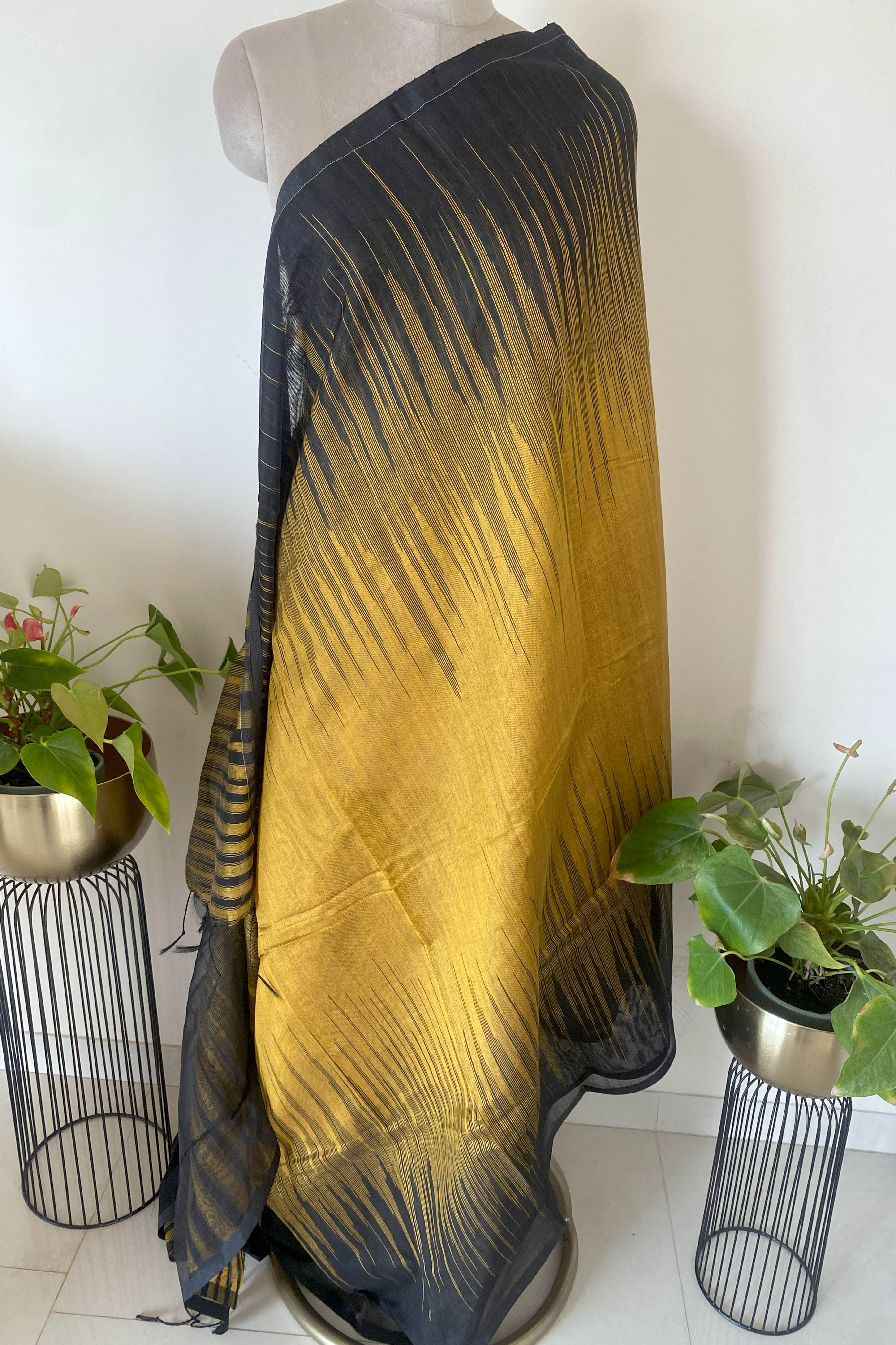 Black & Gold Cotton Ikkat Saree - Indian Handloomz
