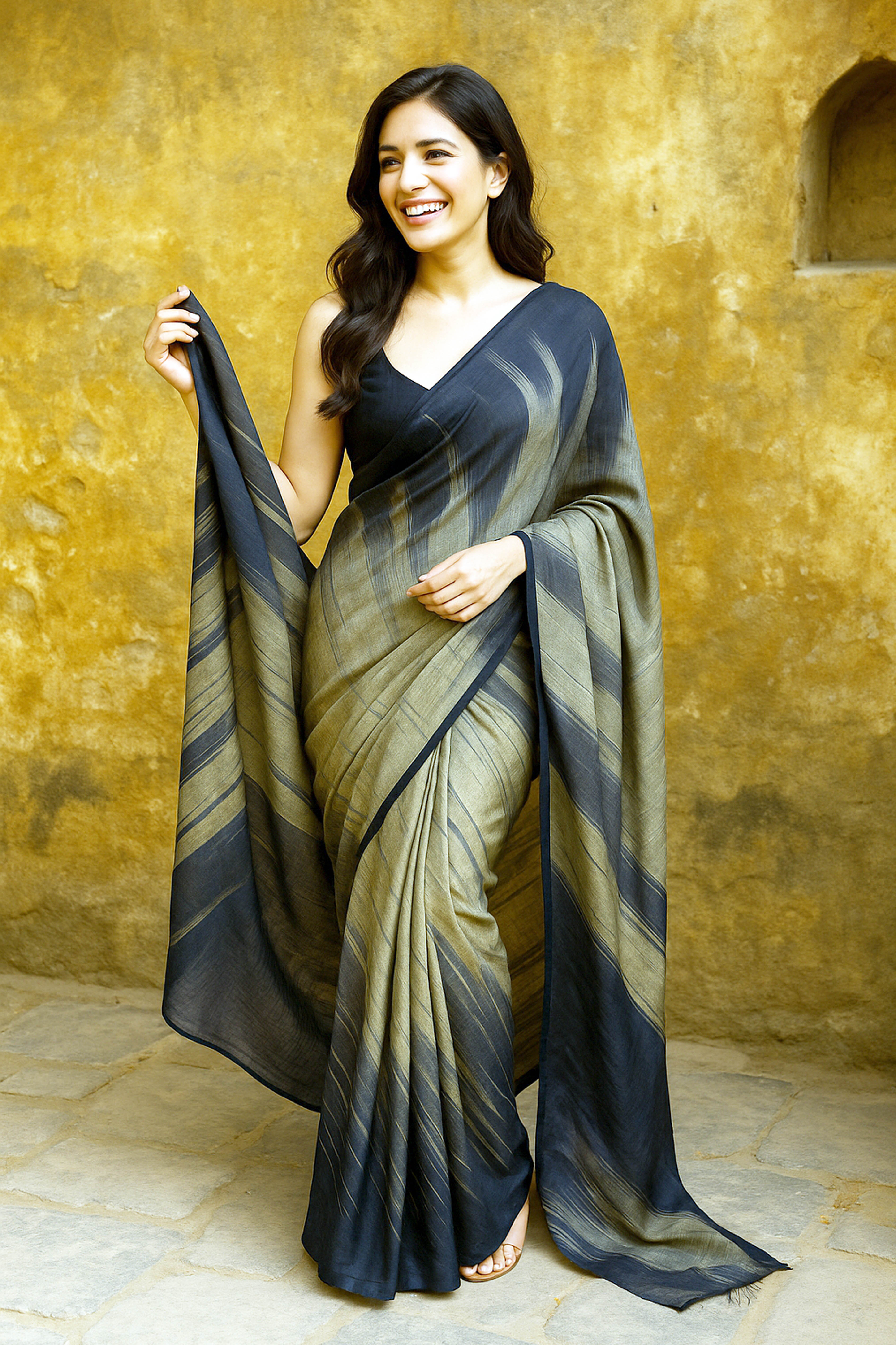 Black & Sand Colour Cotton Ikkat Saree - Indian Handloomz