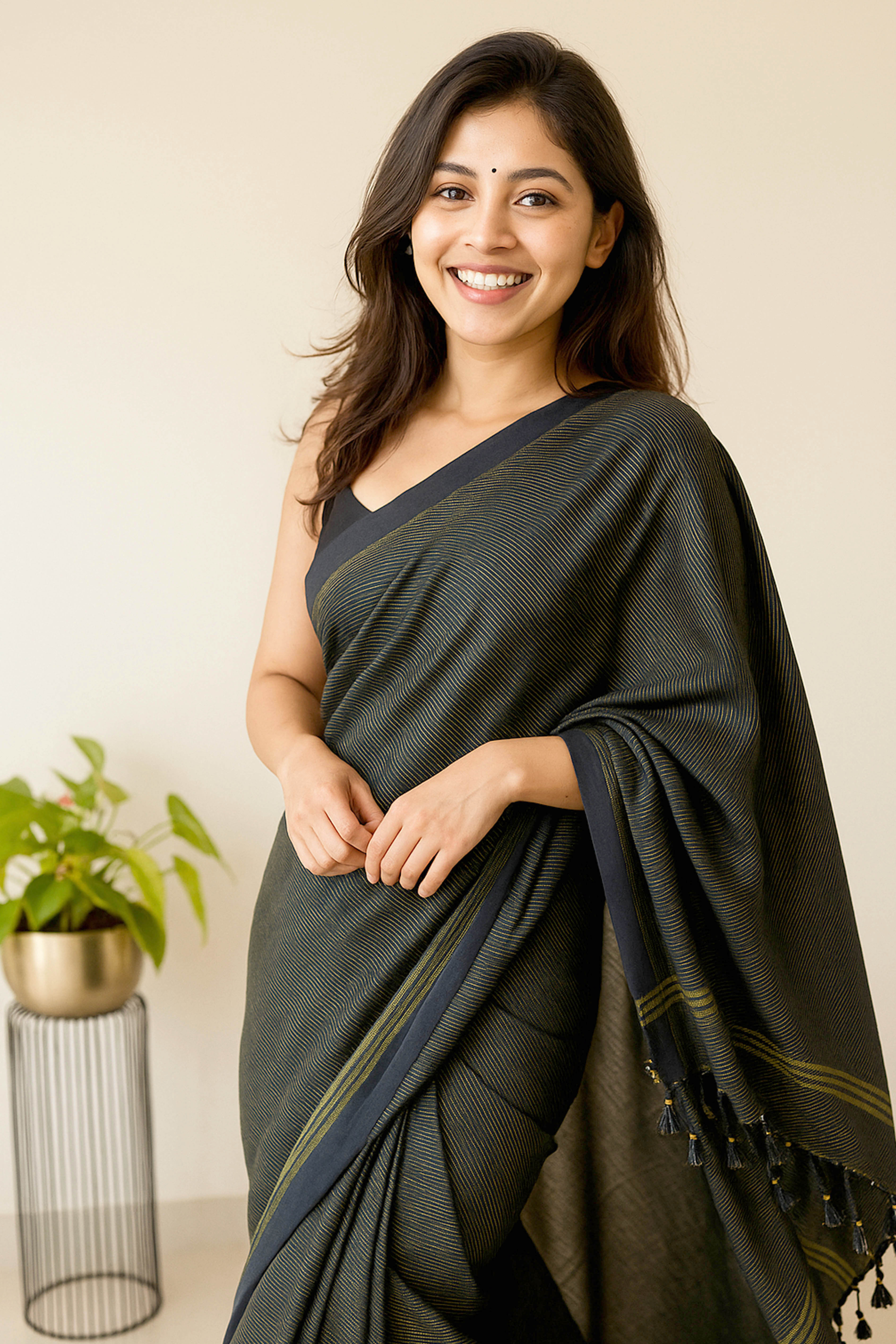 Black Saree with Golden Zari Lines in Pure Cotton - Indian Handloomz