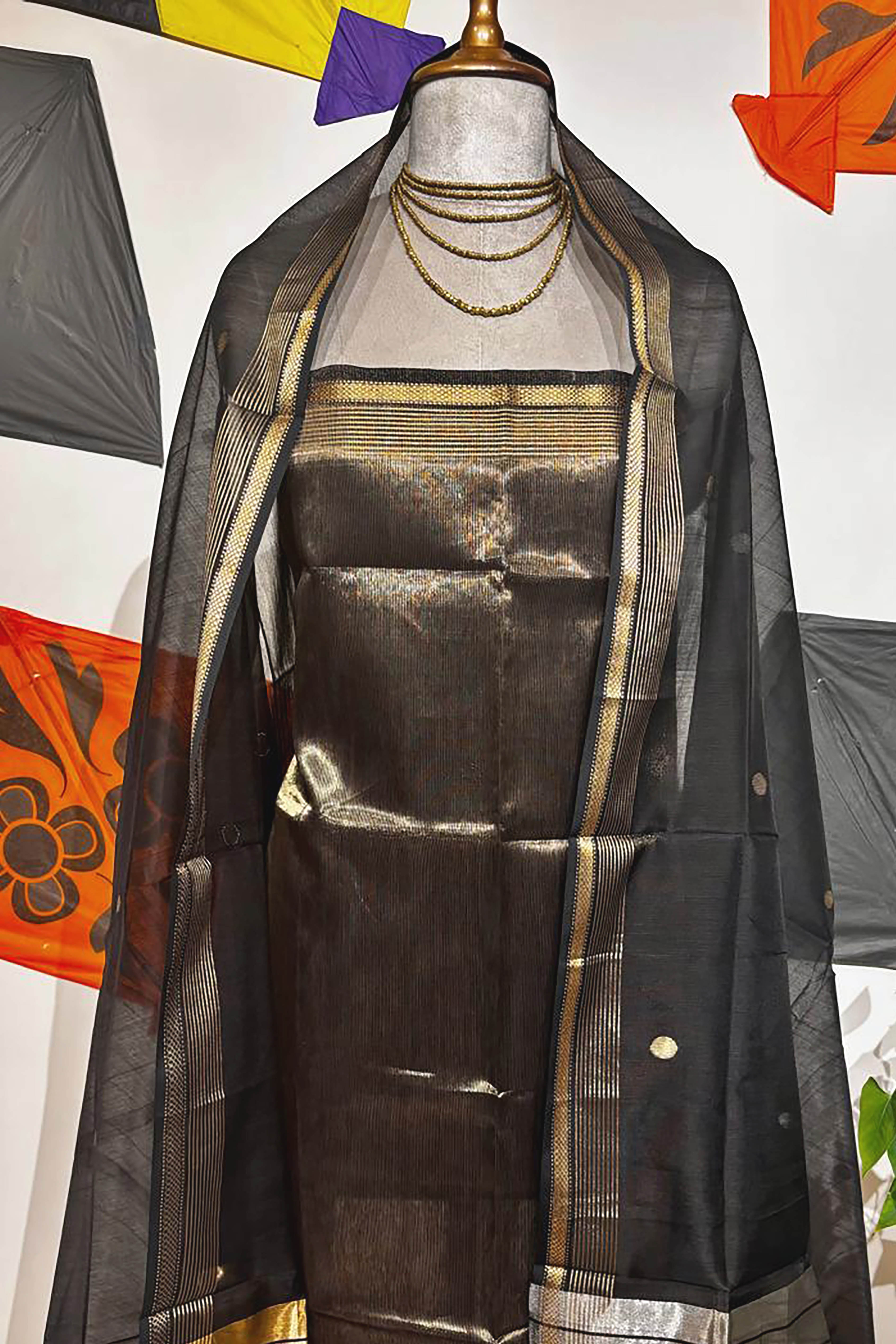 Sadhya Black Tissue Cotton Silk Maheshwari Unstitched Suit Set - Indian Handloomz