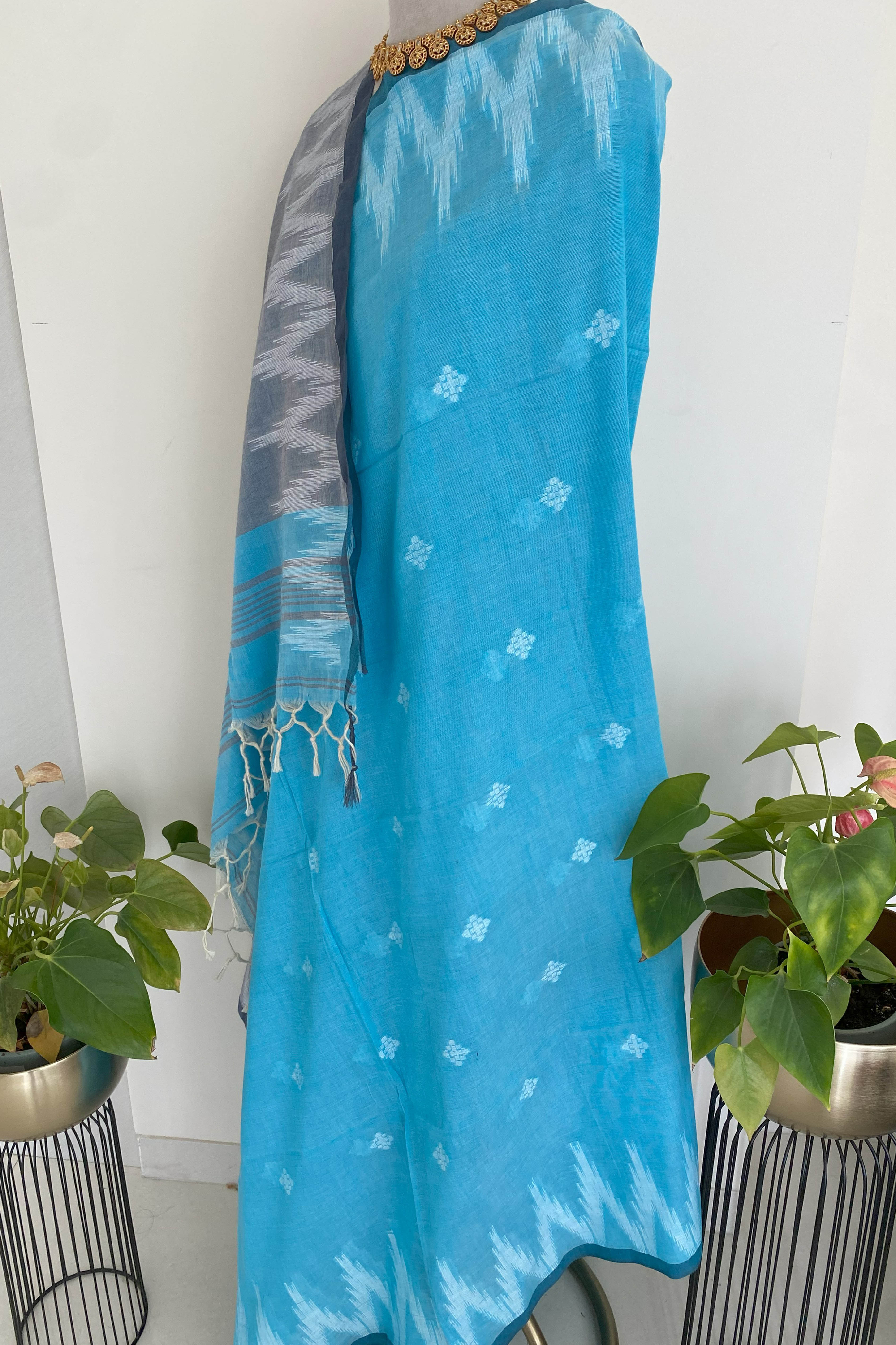 Blue & Grey Jamdani Pure Cotton Saree - Indian Handloomz