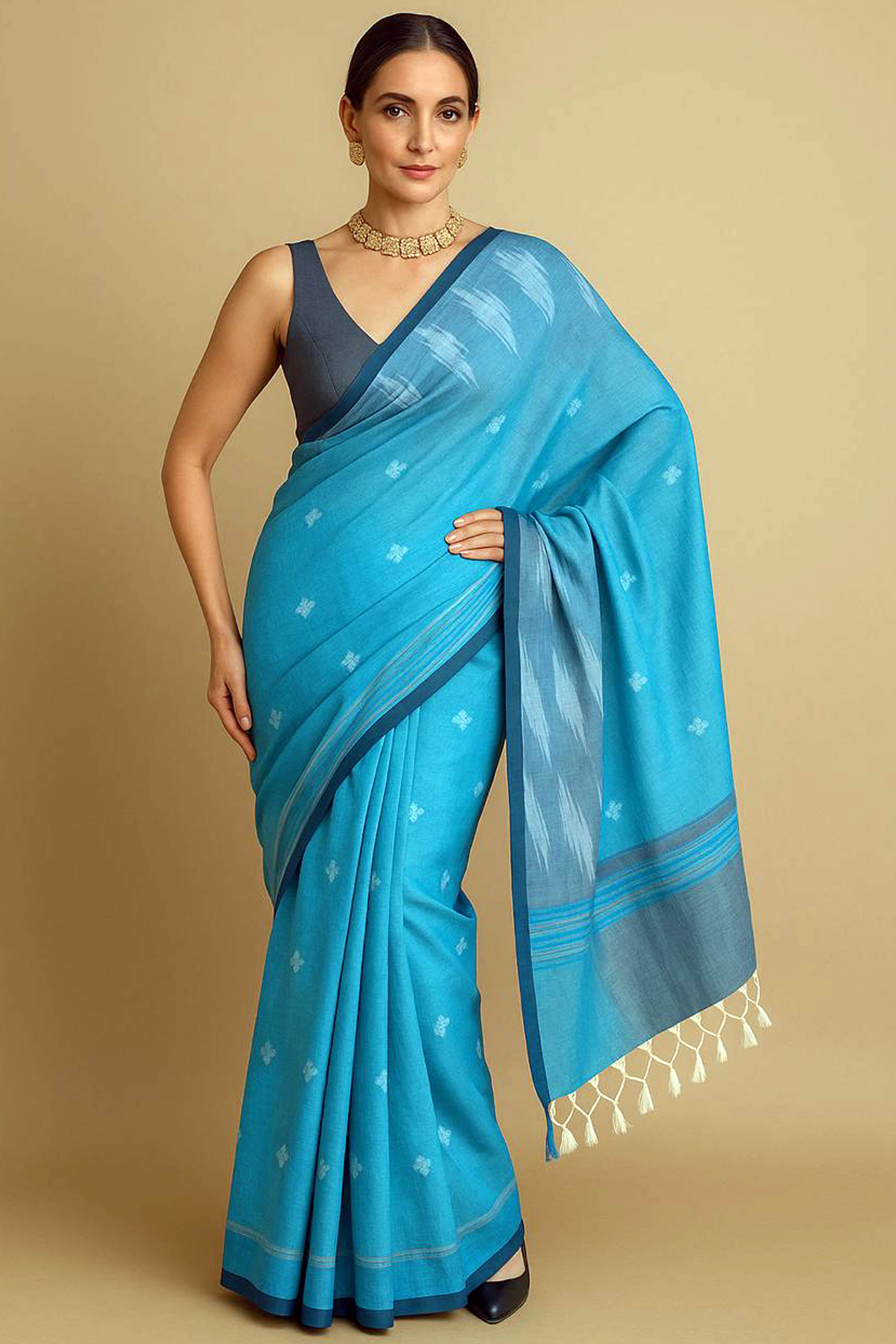 Blue & Grey Jamdani Pure Cotton Saree - Indian Handloomz