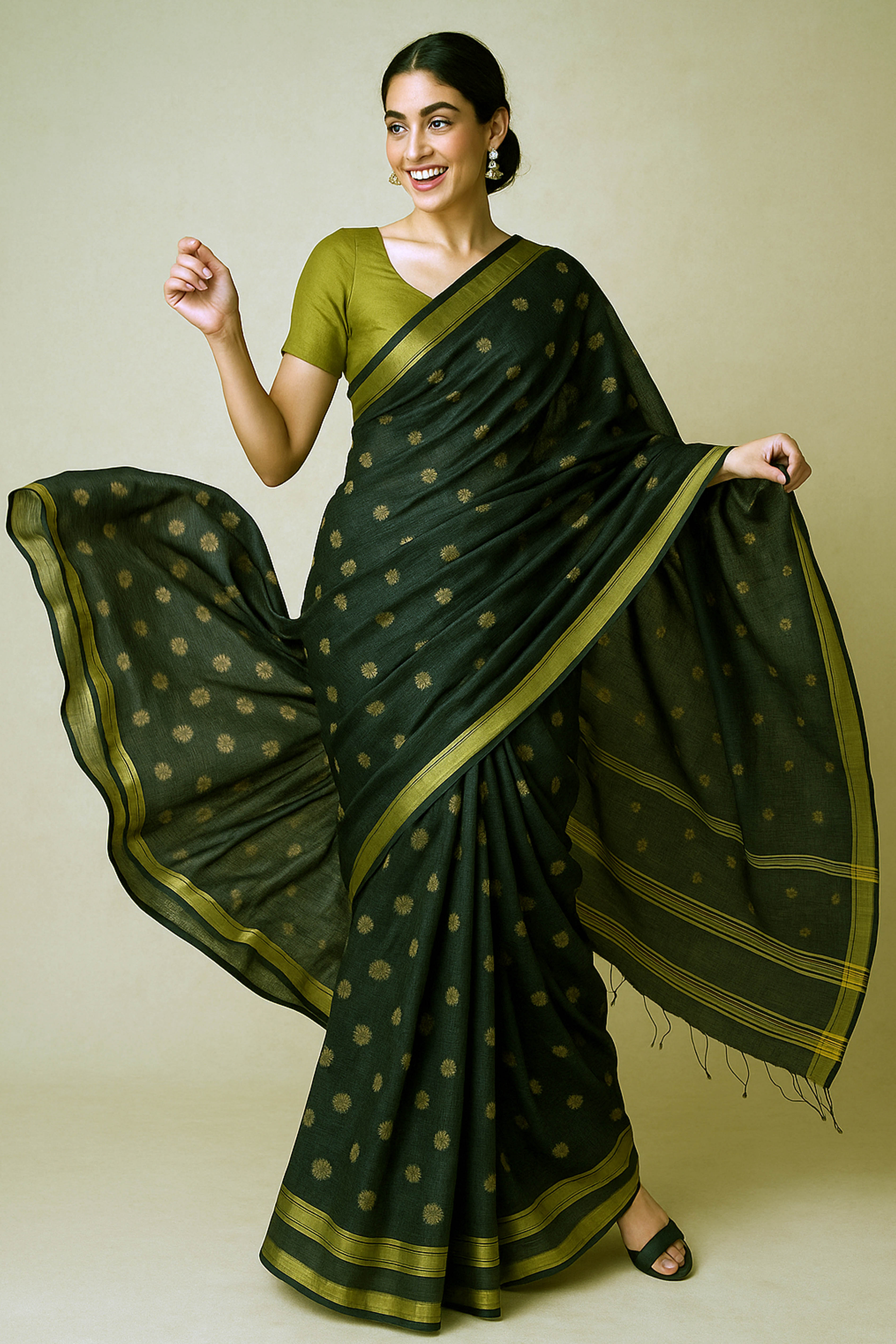 Bottle Green Tissue Cotton Jamdani Saree - Indian Handloomz