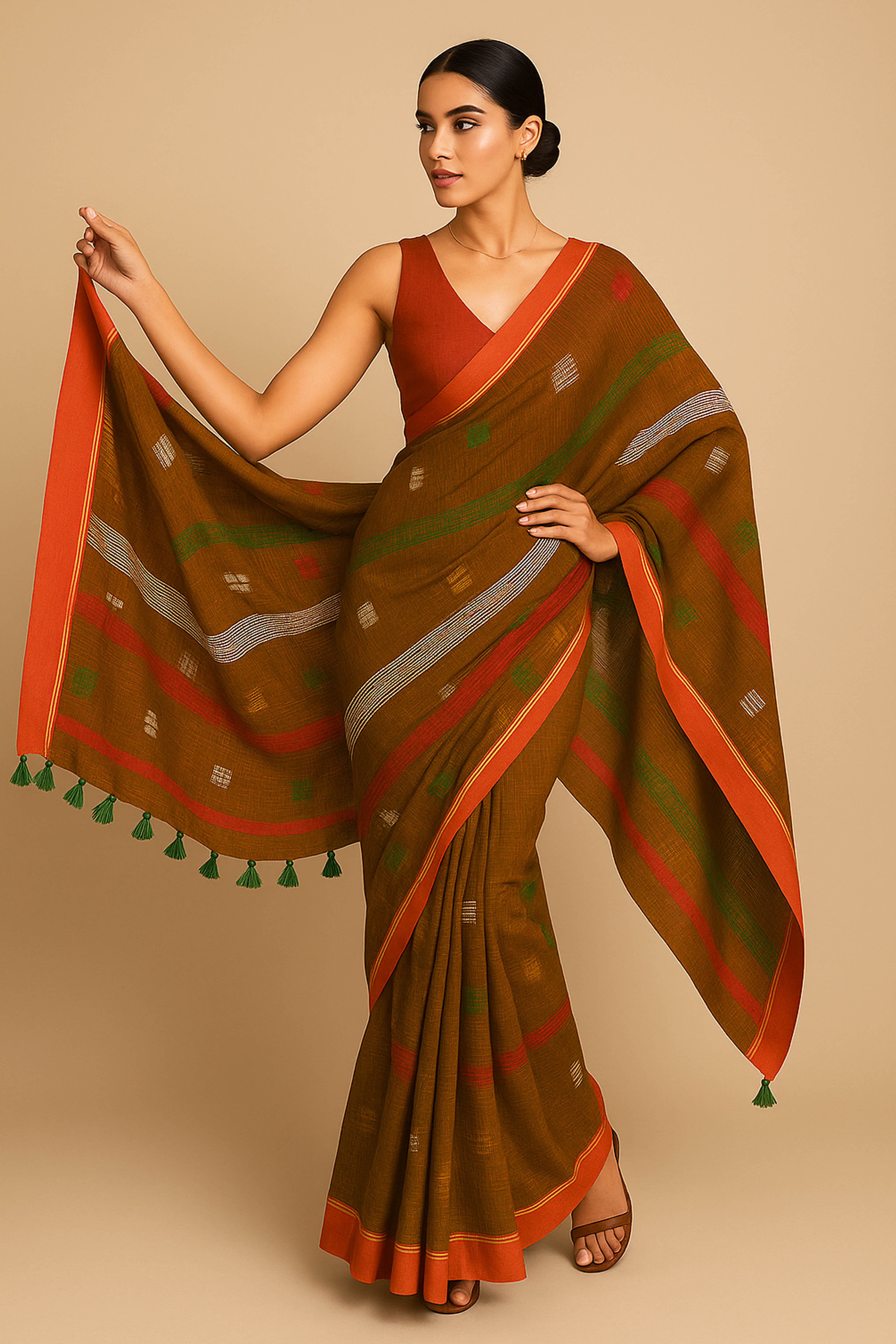Brown Jamdani Cotton Saree - Indian Handloomz