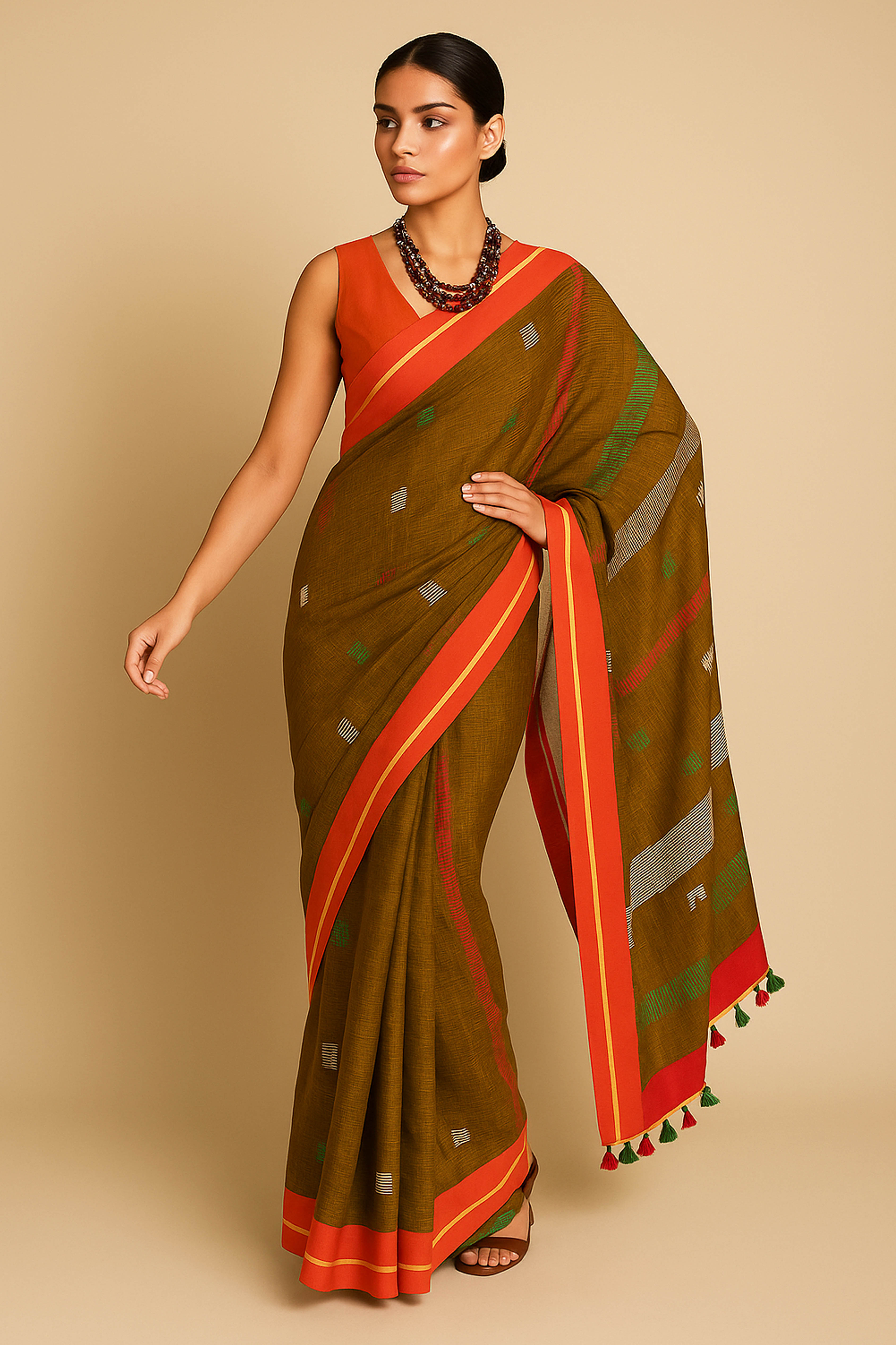 Brown Jamdani Cotton Saree - Indian Handloomz