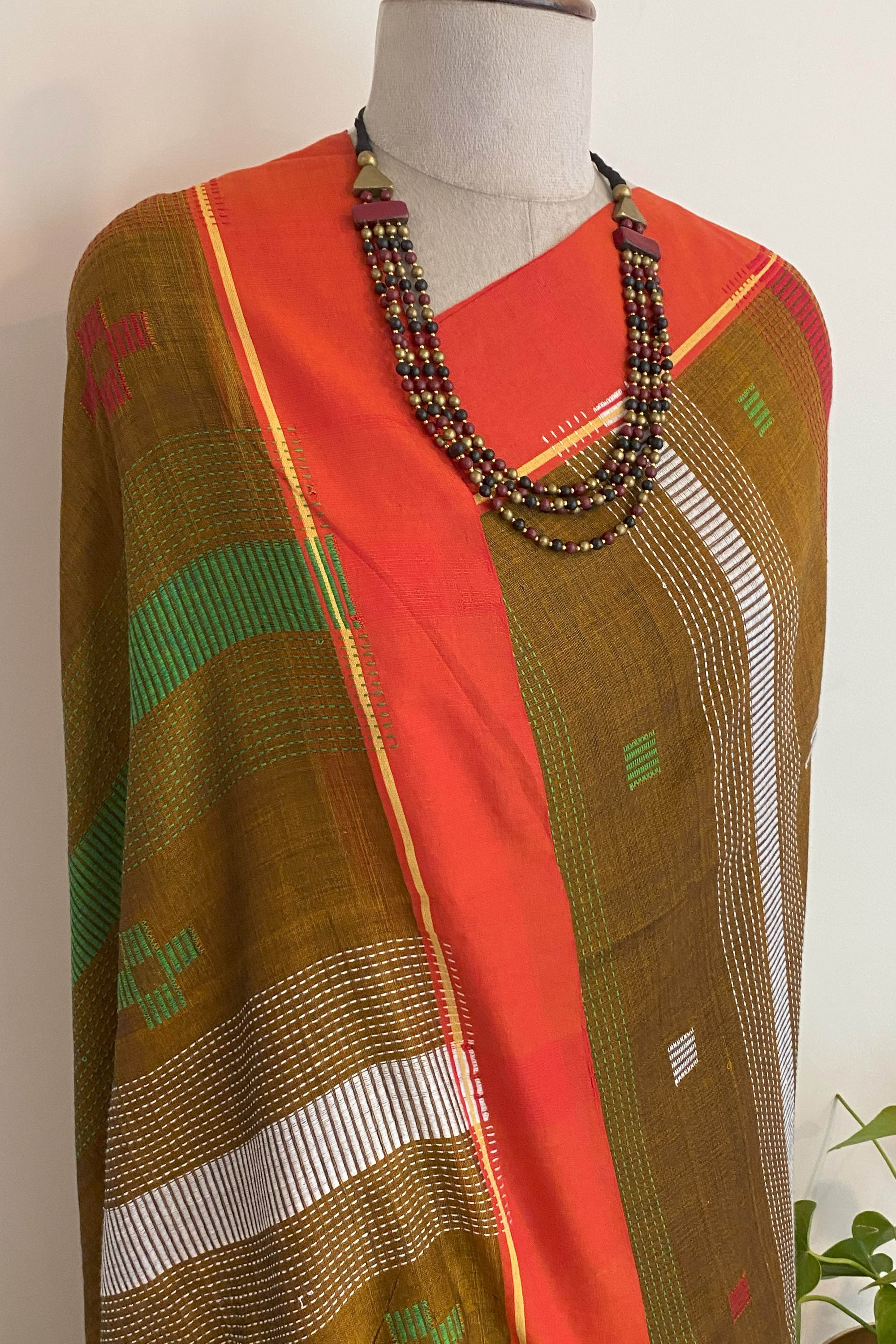 Brown Jamdani Cotton Saree - Indian Handloomz