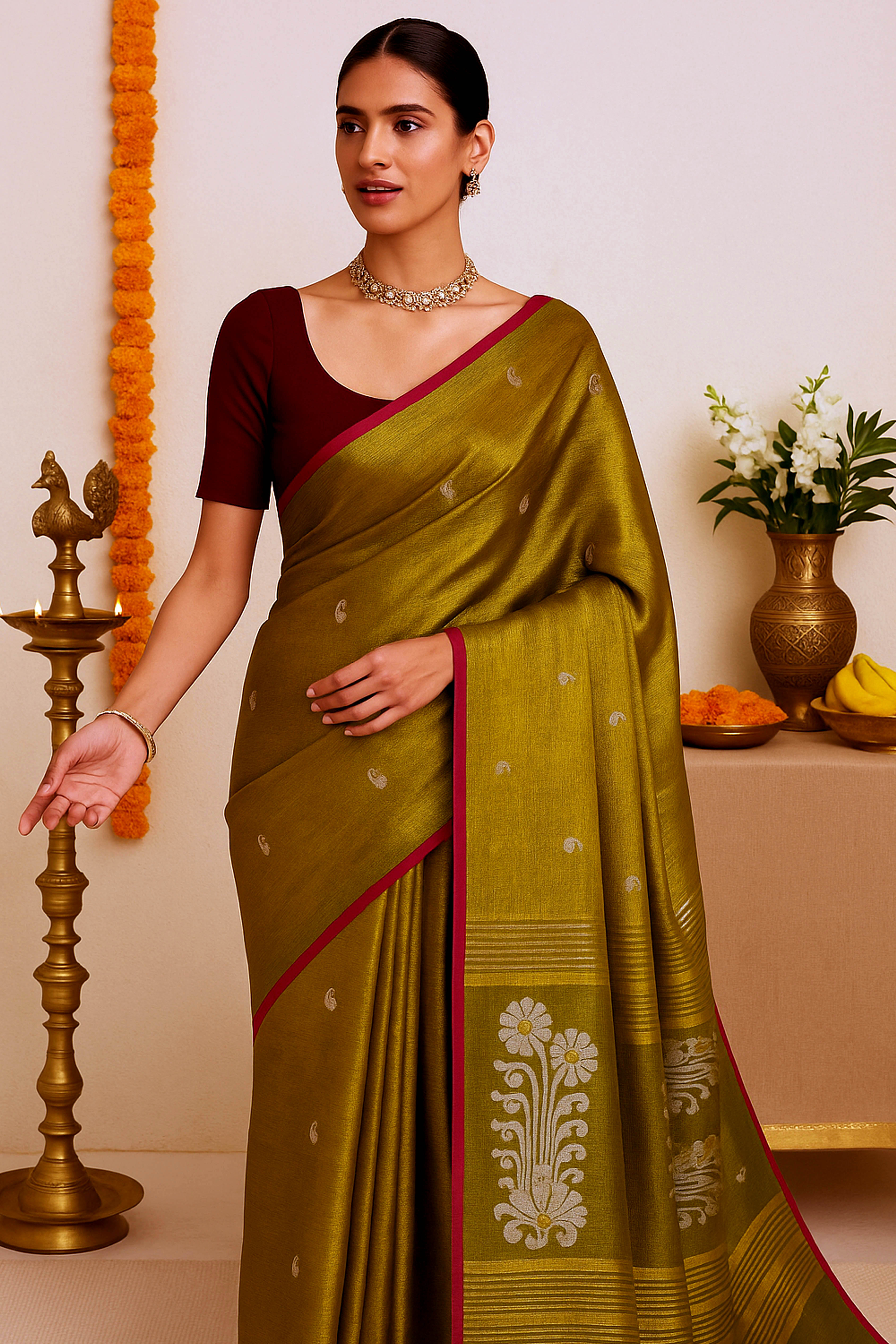 Brown Tissue Linen Jamdani Saree - Indian Handloomz