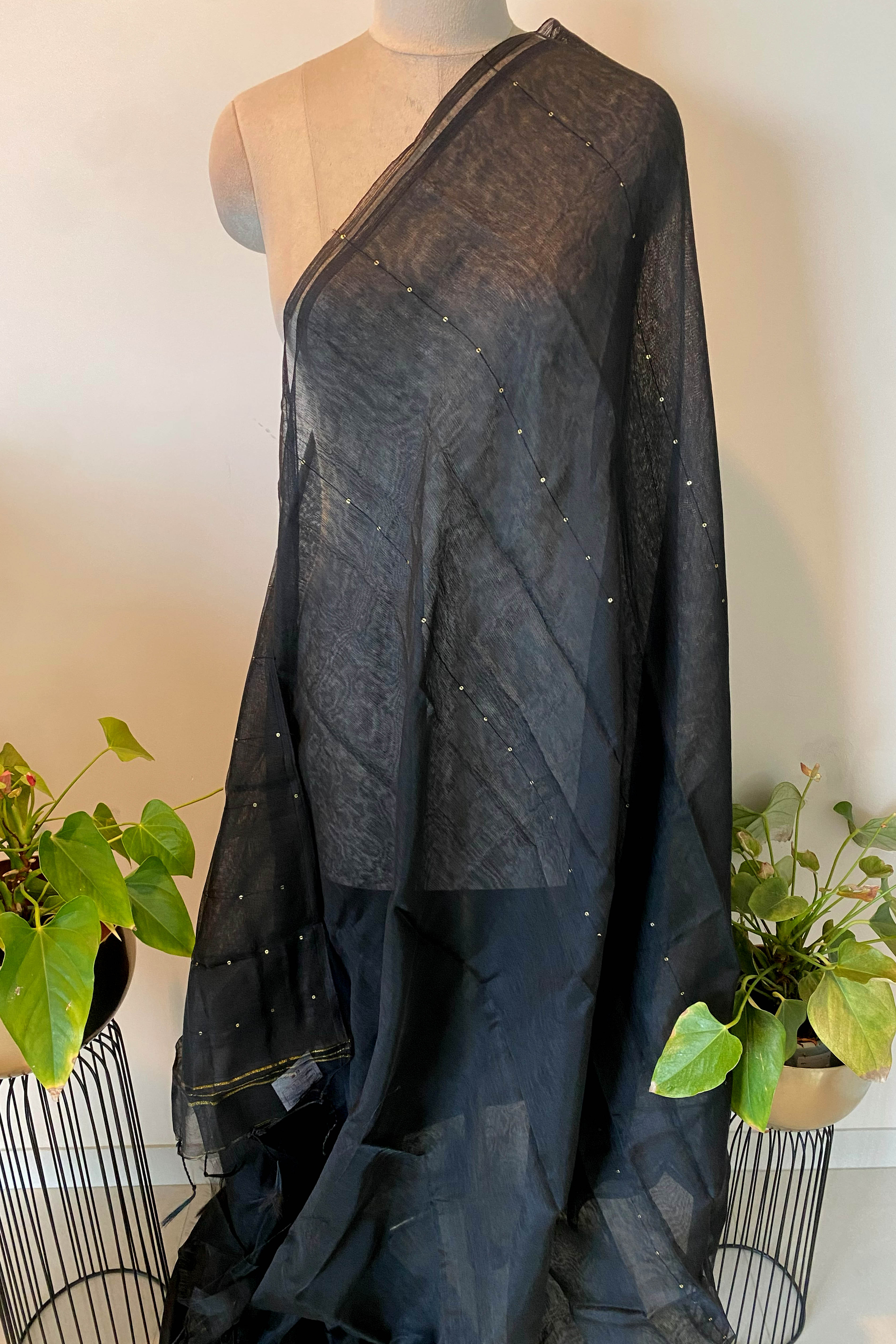Cotton Black Saree with Sequins - Indian Handloomz
