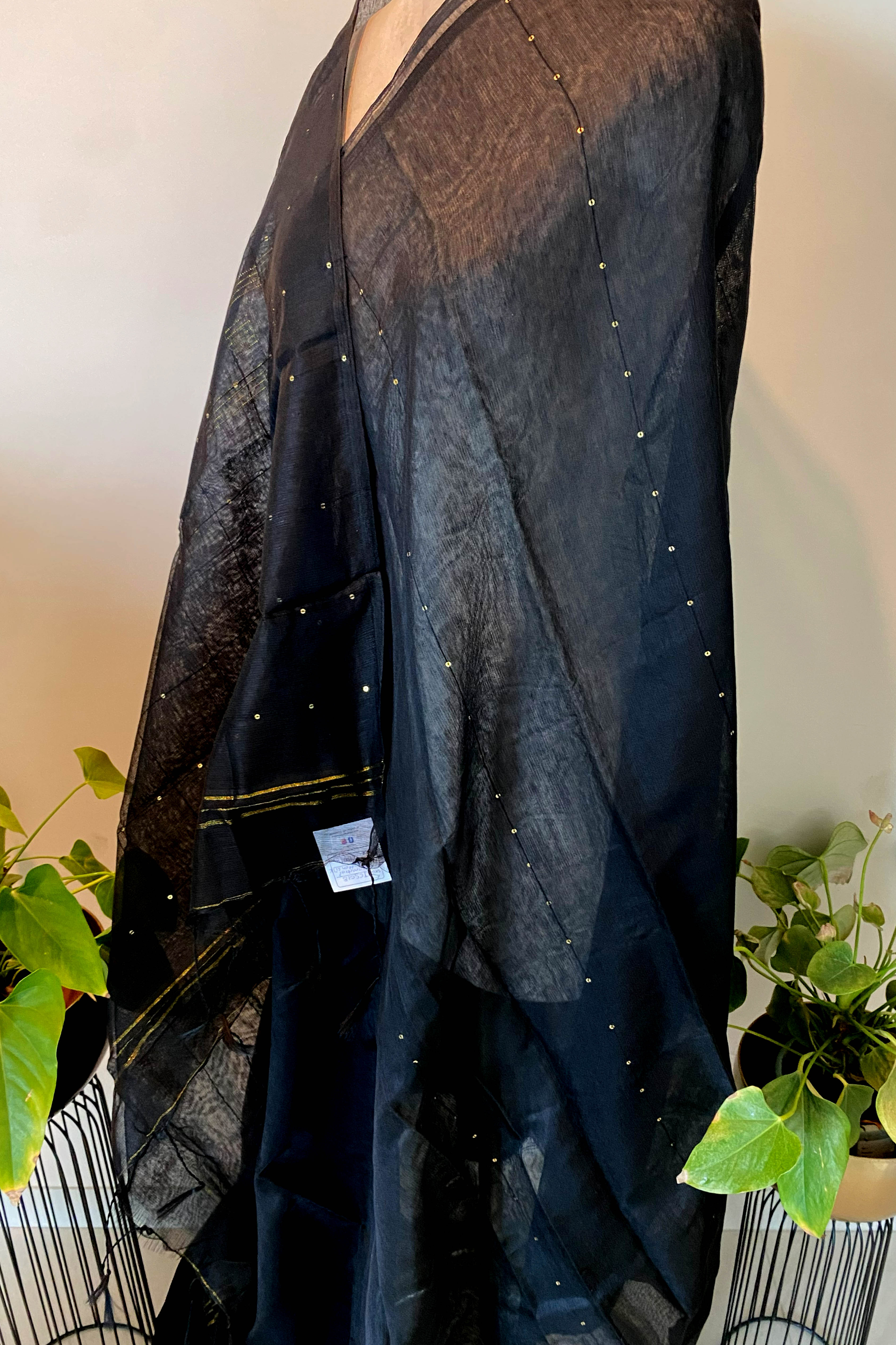 Cotton Black Saree with Sequins - Indian Handloomz