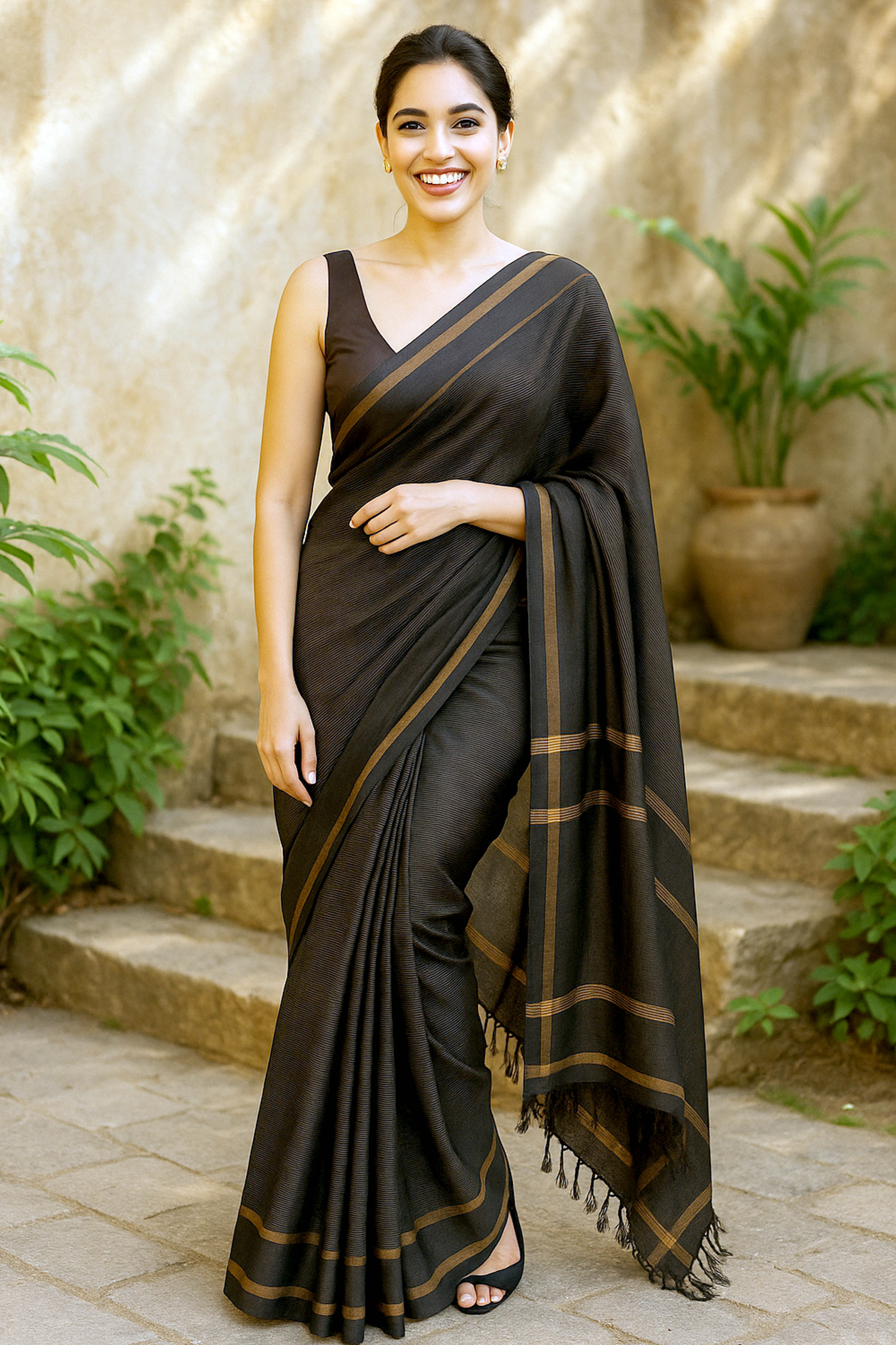 Cotton Black Saree with golden zari - Indian Handloomz