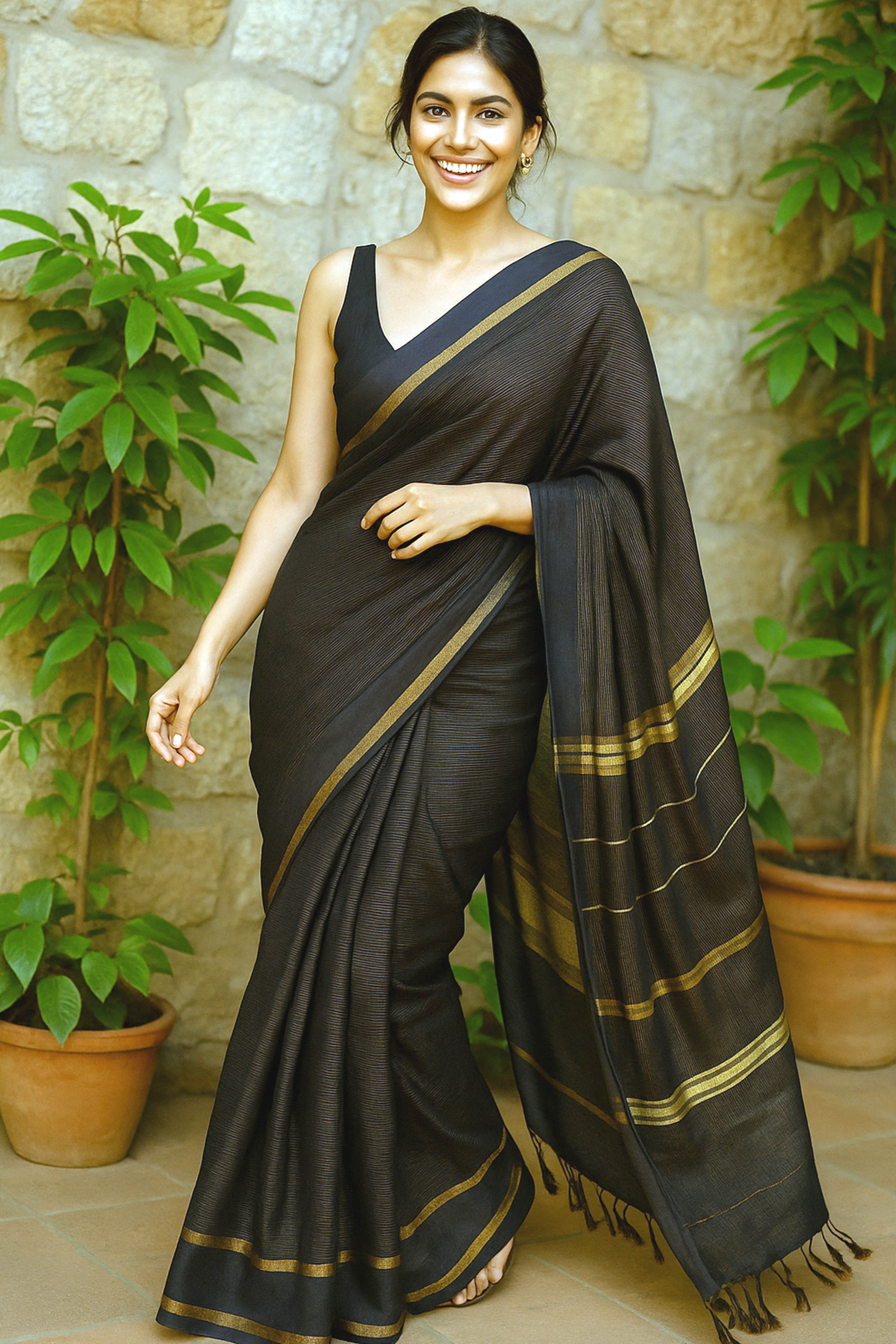 Cotton Black Saree with golden zari - Indian Handloomz