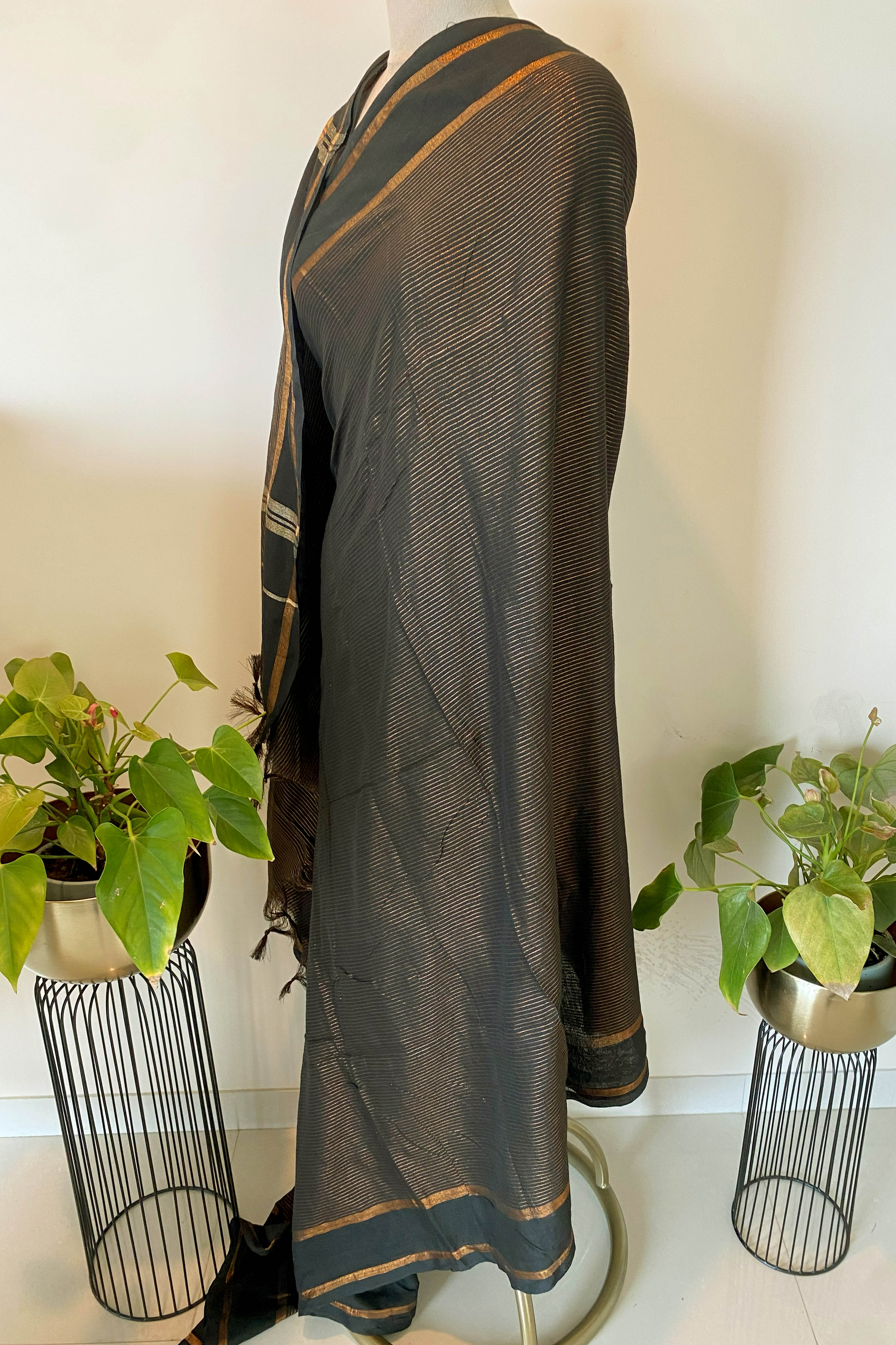 Cotton Black Saree with golden zari - Indian Handloomz