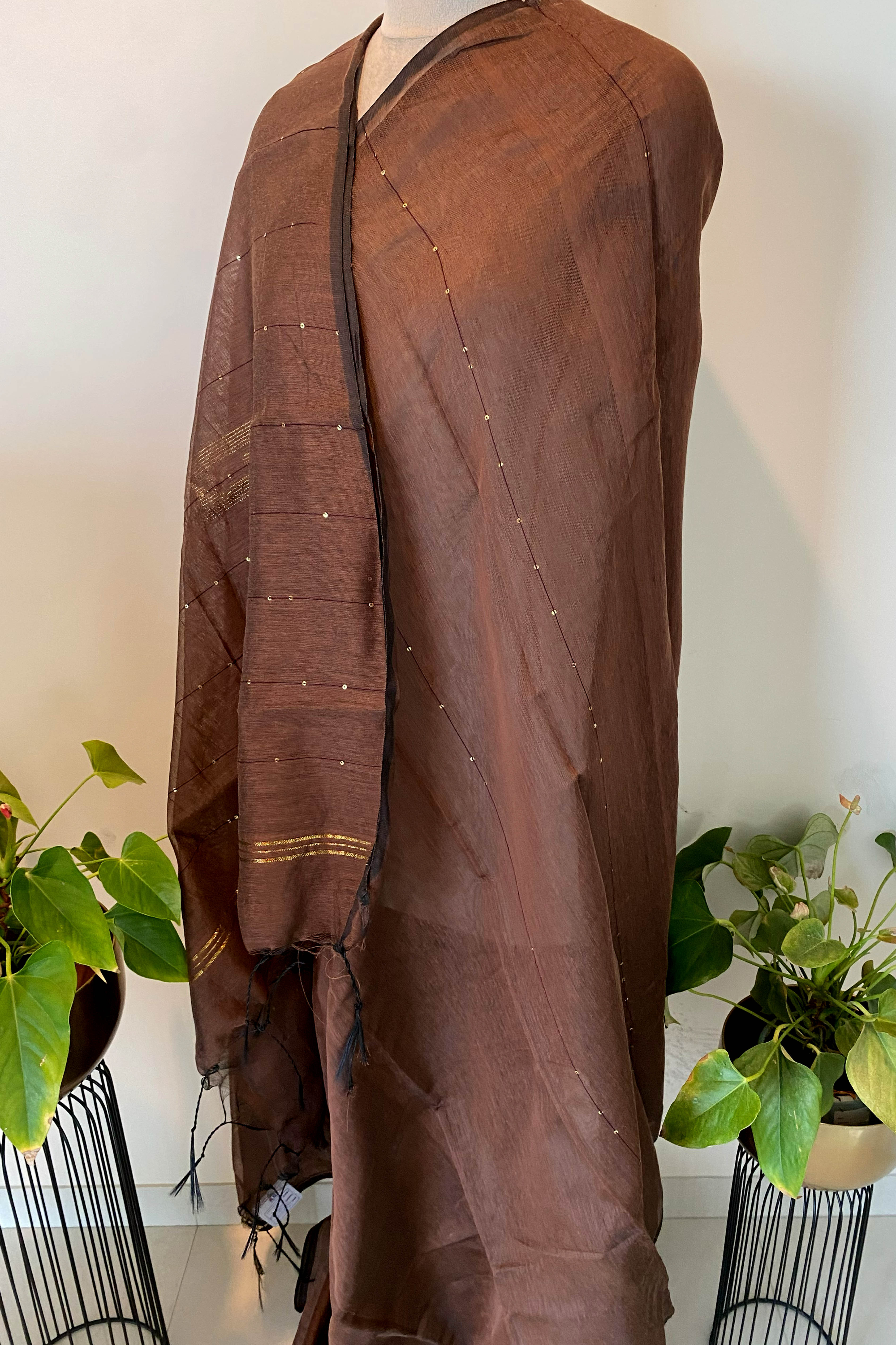 Cotton Brown Saree with Sequins - Indian Handloomz