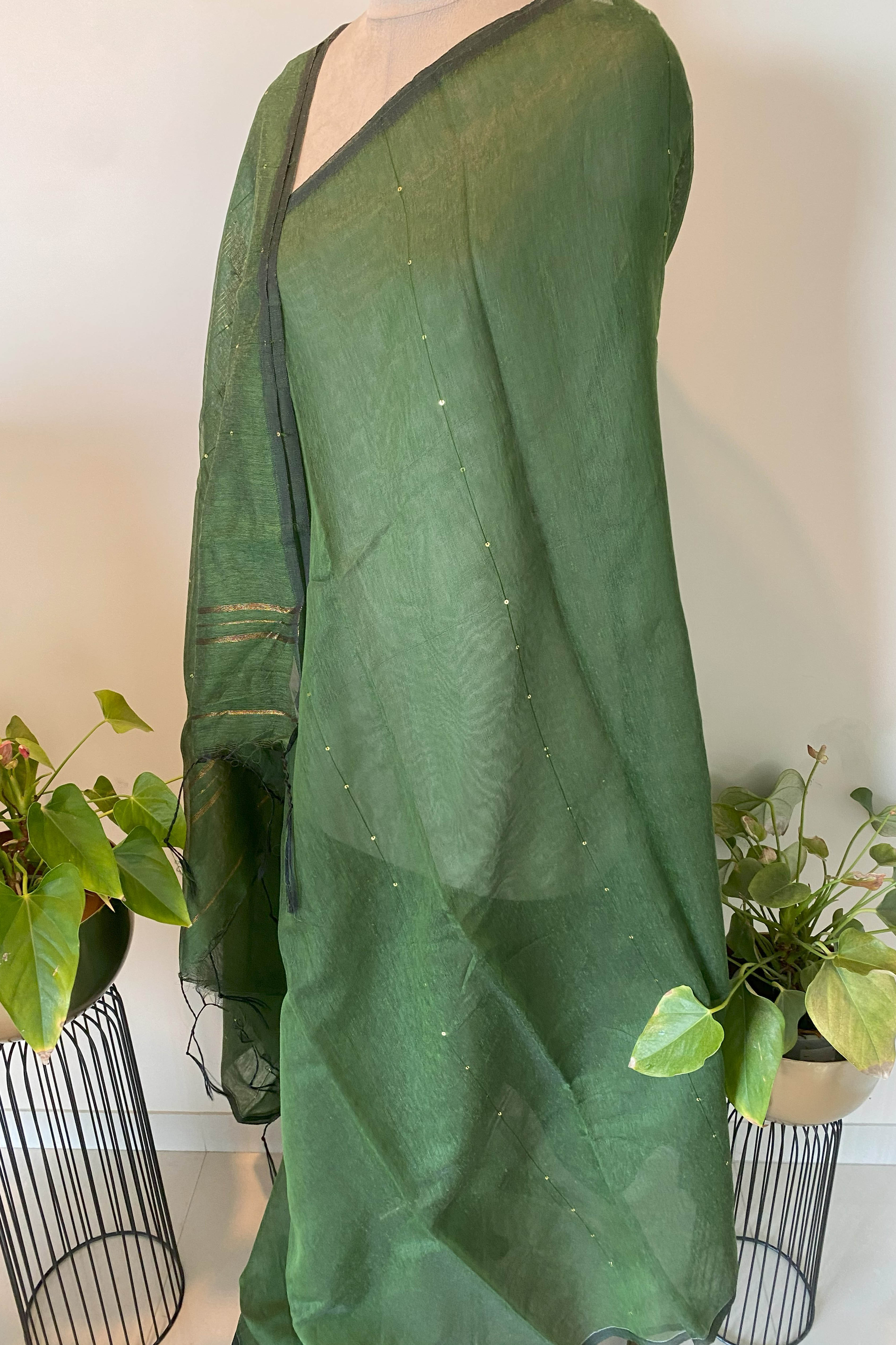 Cotton Green Sari with Sequins - Indian Handloomz
