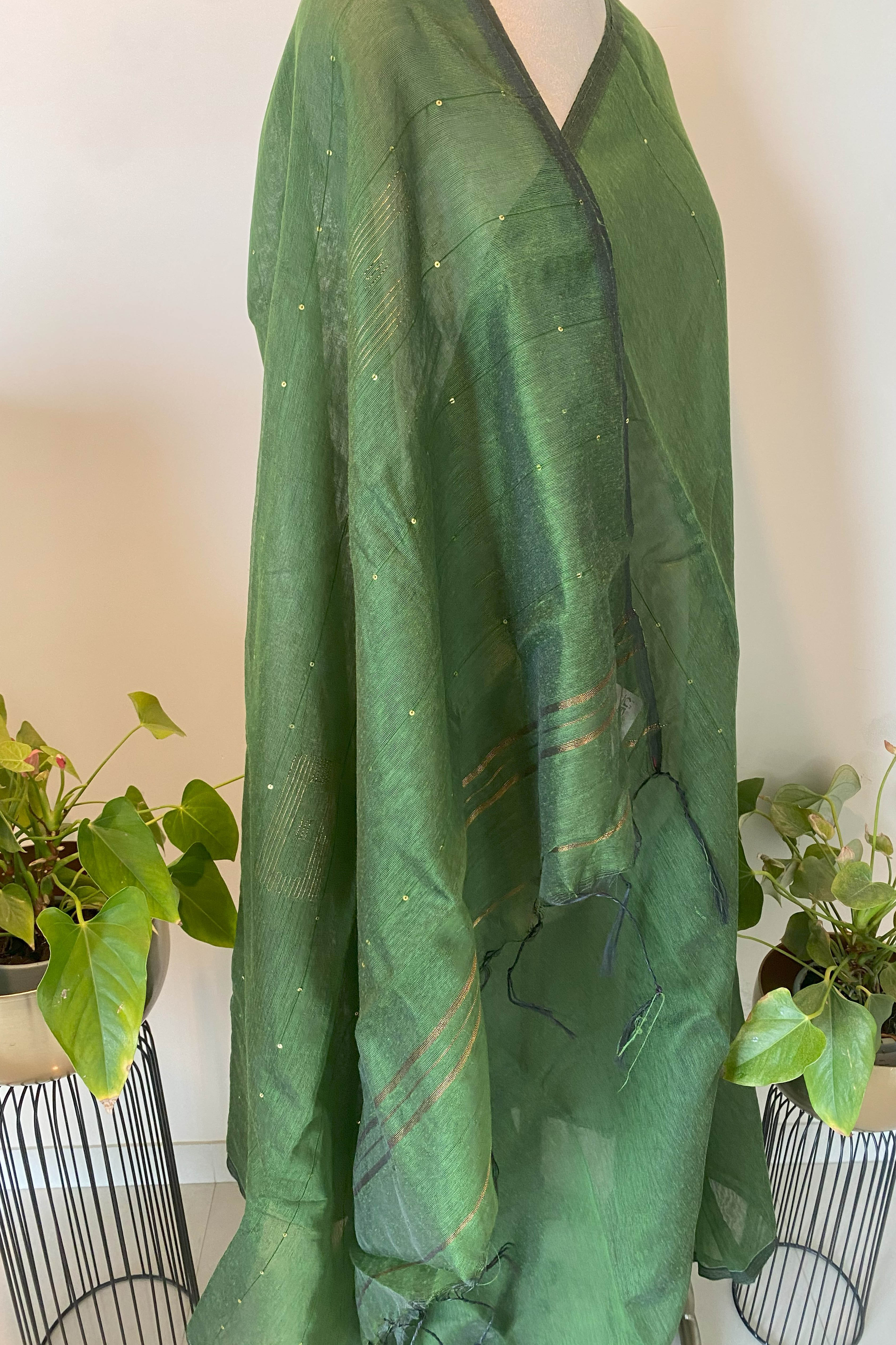 Cotton Green Sari with Sequins - Indian Handloomz