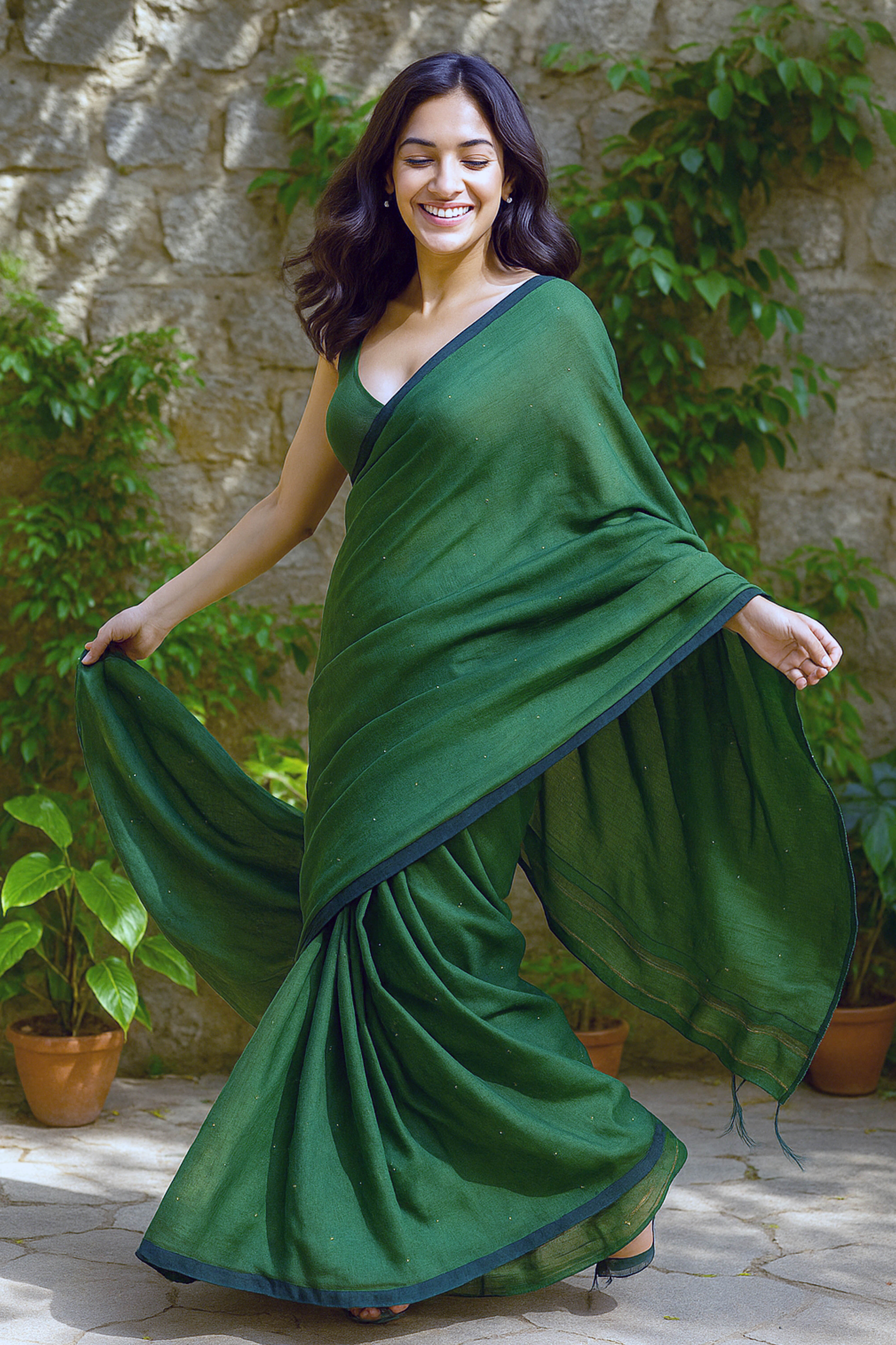 Cotton Green Sari with Sequins - Indian Handloomz