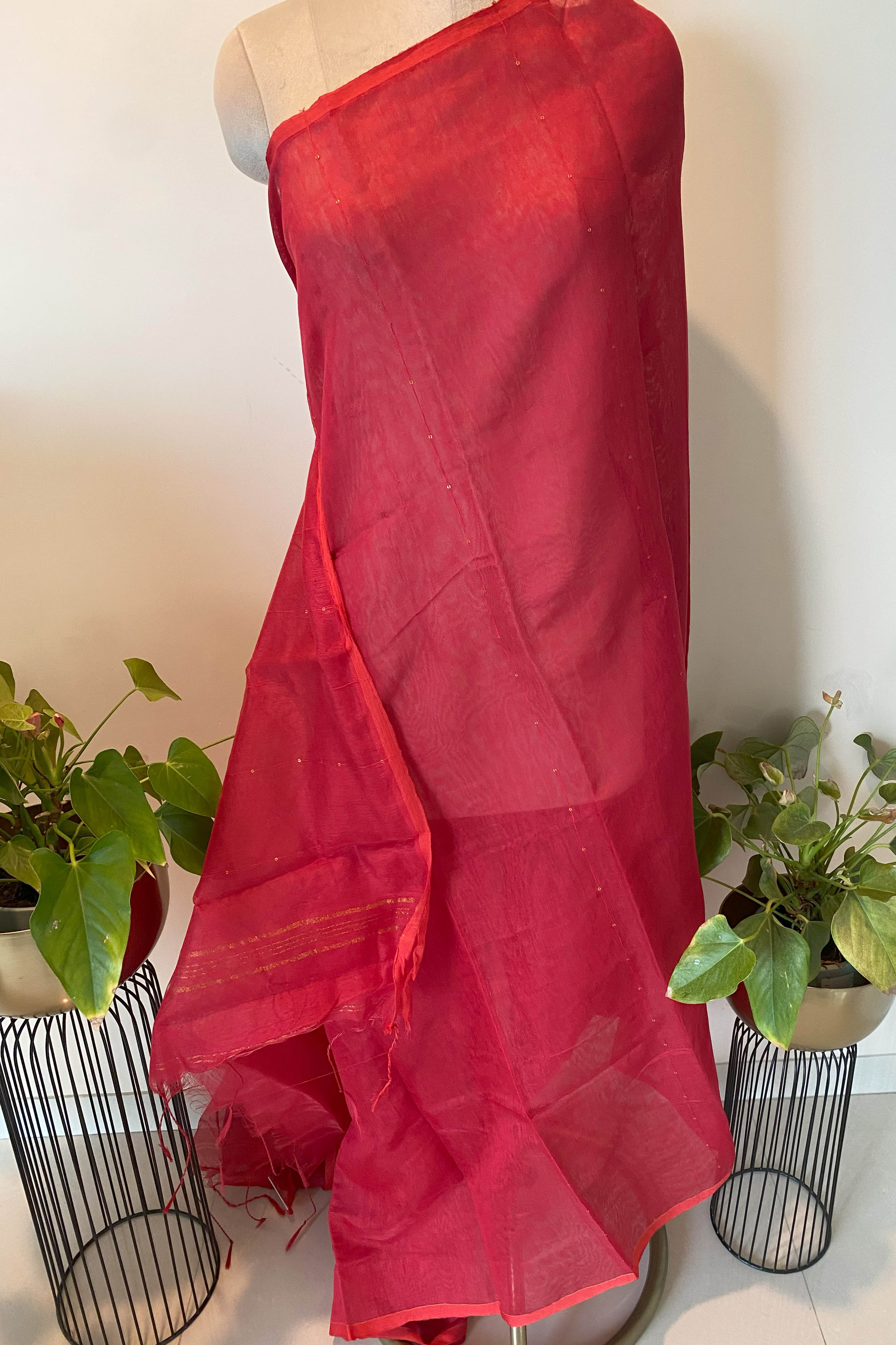 Cotton Red Saree with Sequins - Indian Handloomz