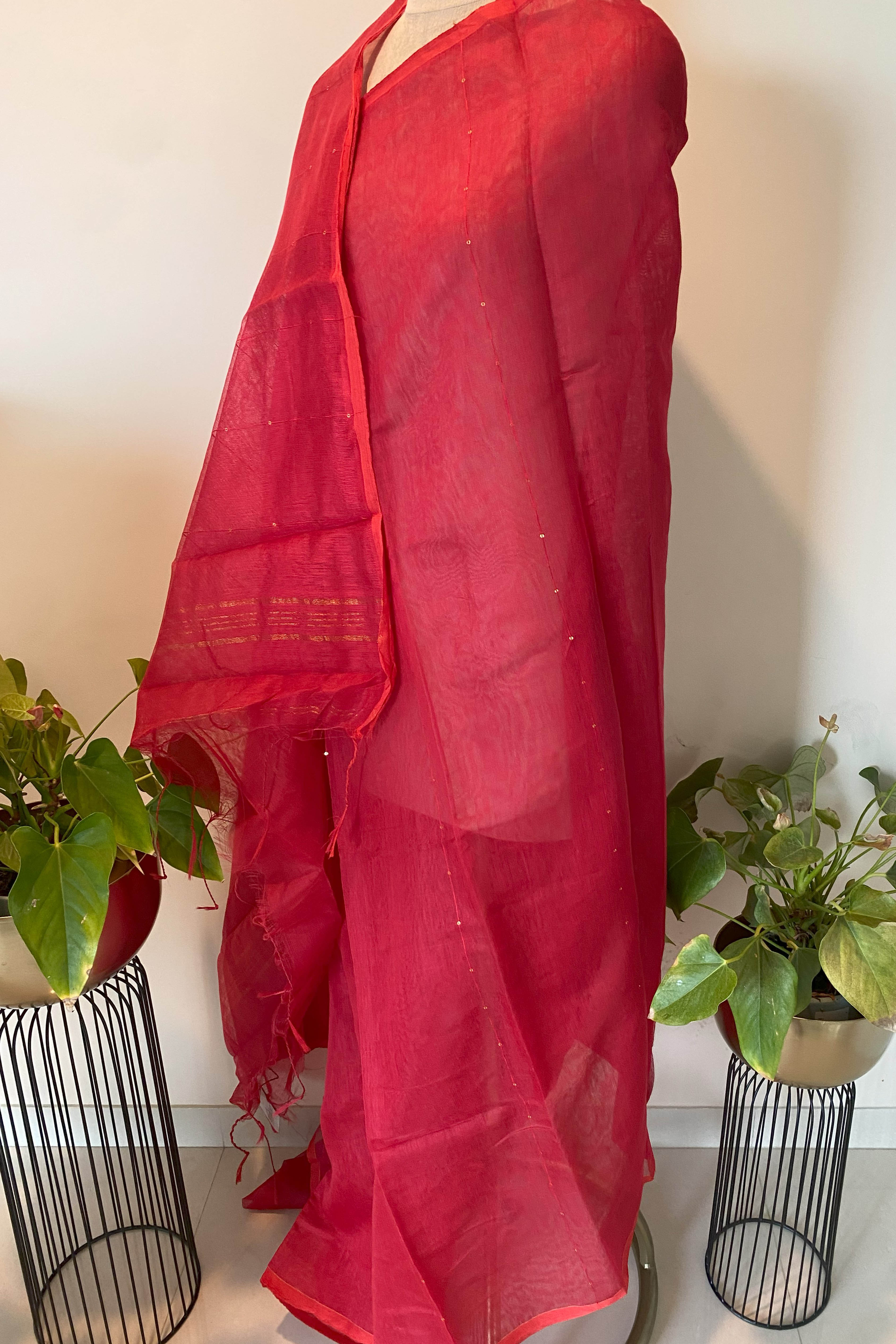 Cotton Red Saree with Sequins - Indian Handloomz
