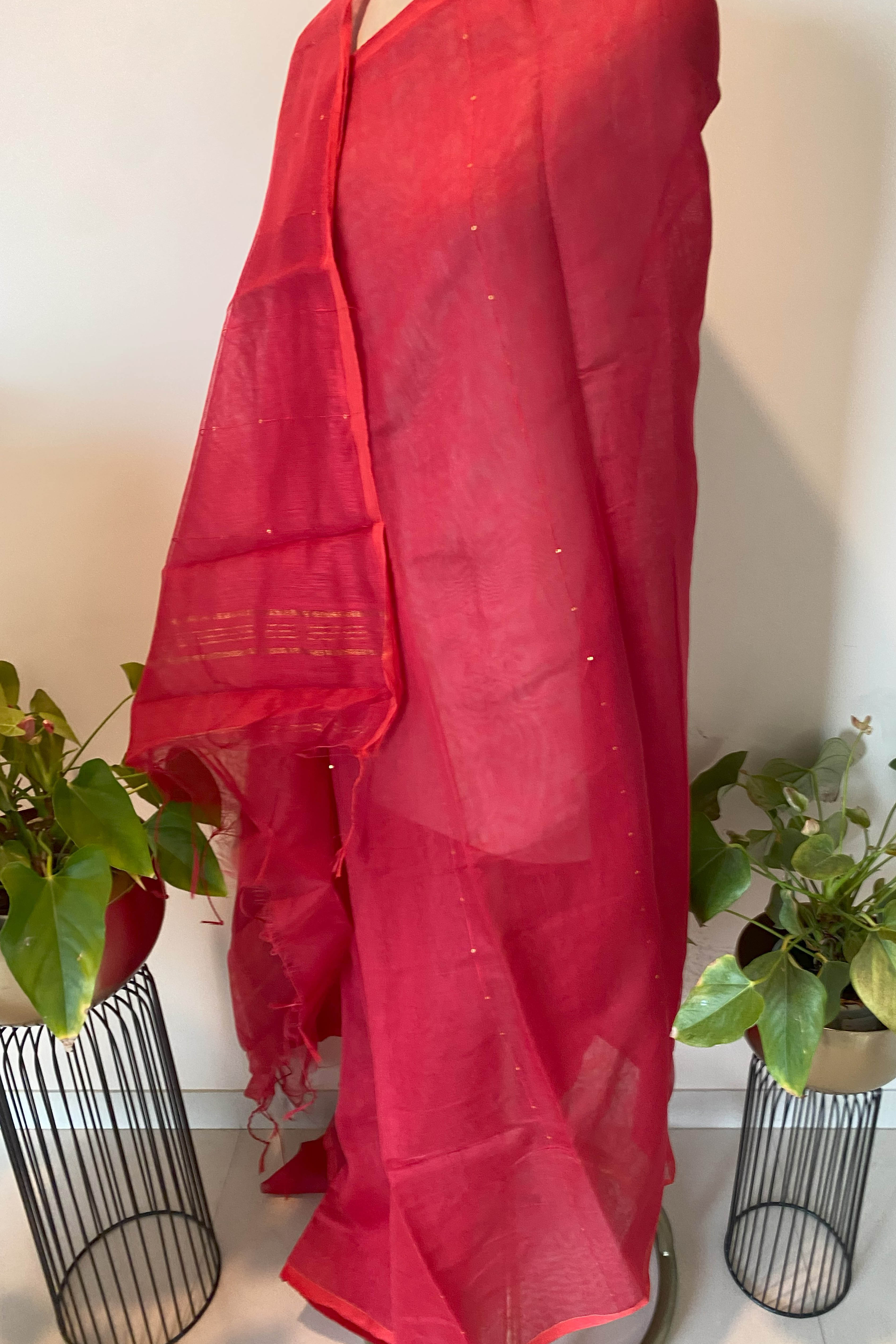 Cotton Red Saree with Sequins - Indian Handloomz