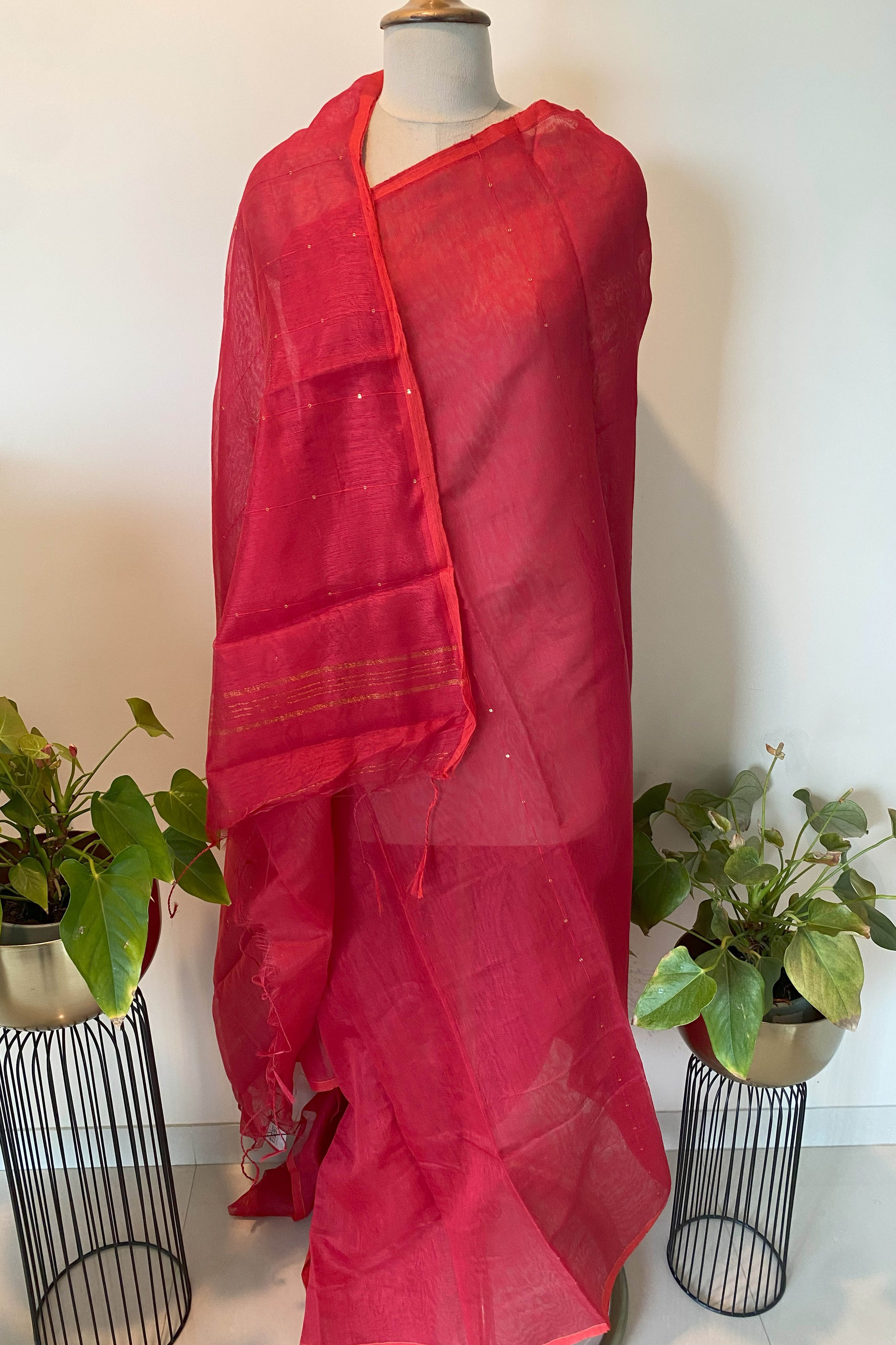 Cotton Red Saree with Sequins - Indian Handloomz