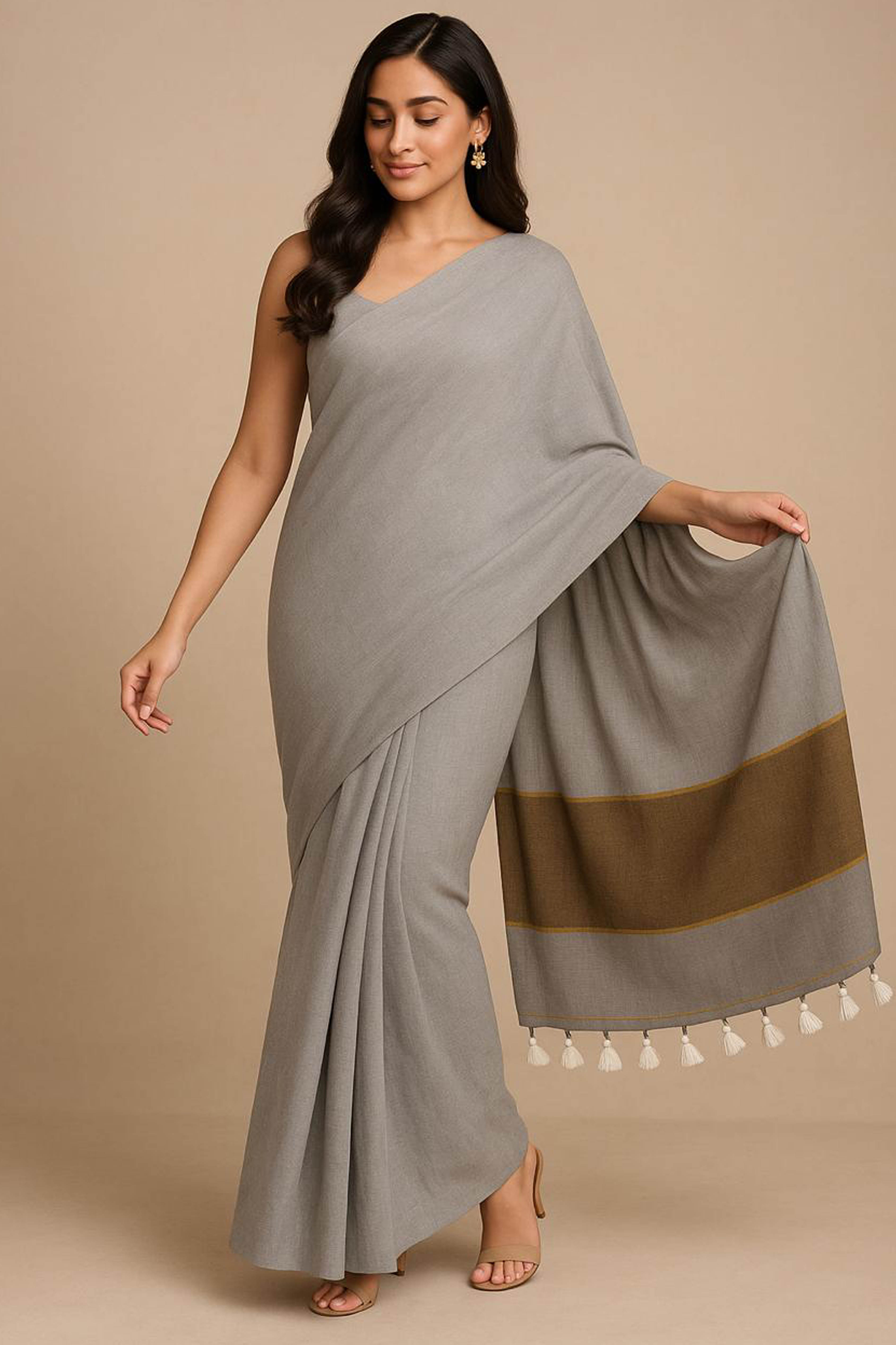 Cotton Saree in Grey with Matt Gold Pallu - Indian Handloomz