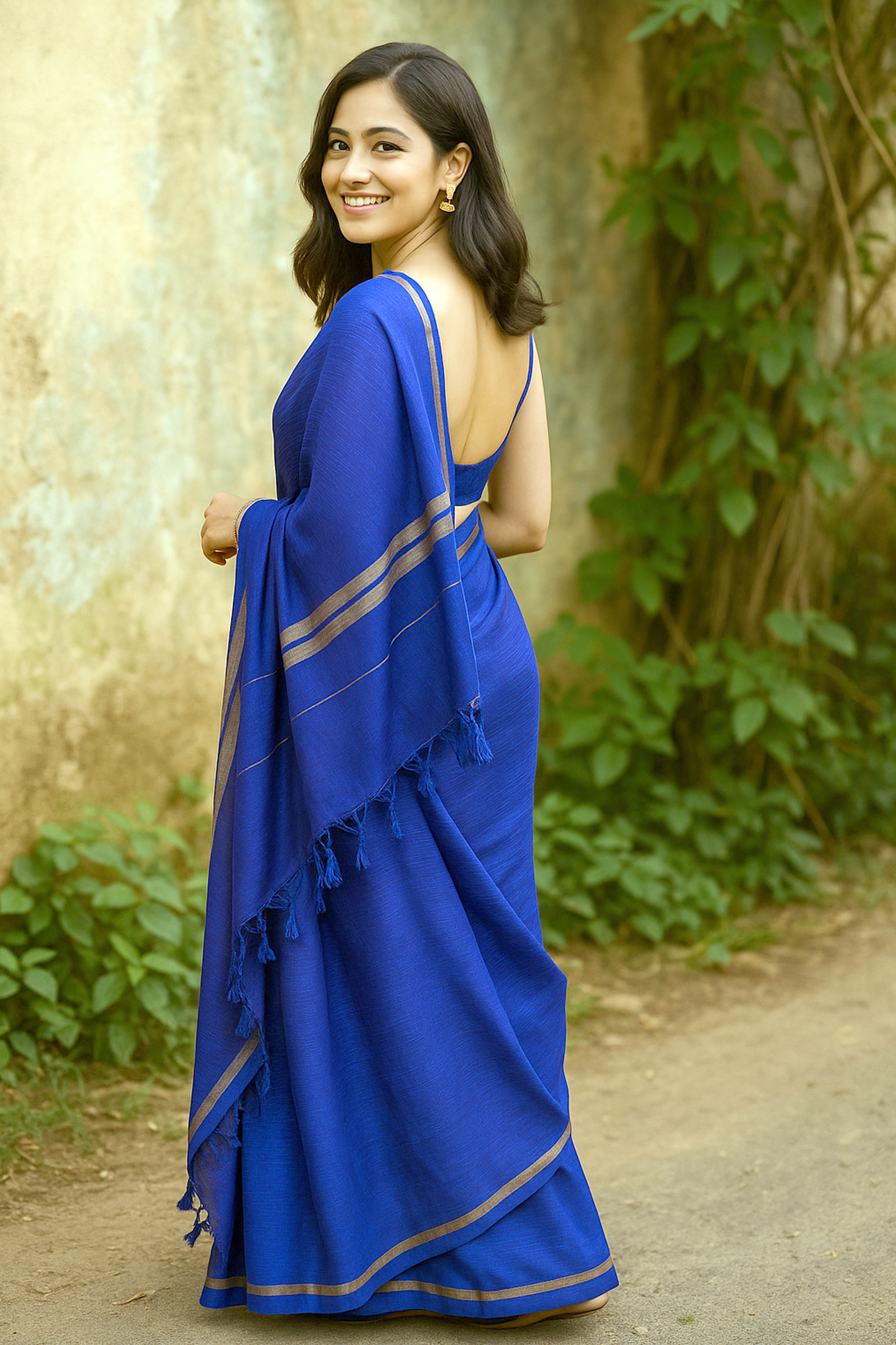 Cotton Saree in Royal Blue & Golden Zari - Indian Handloomz