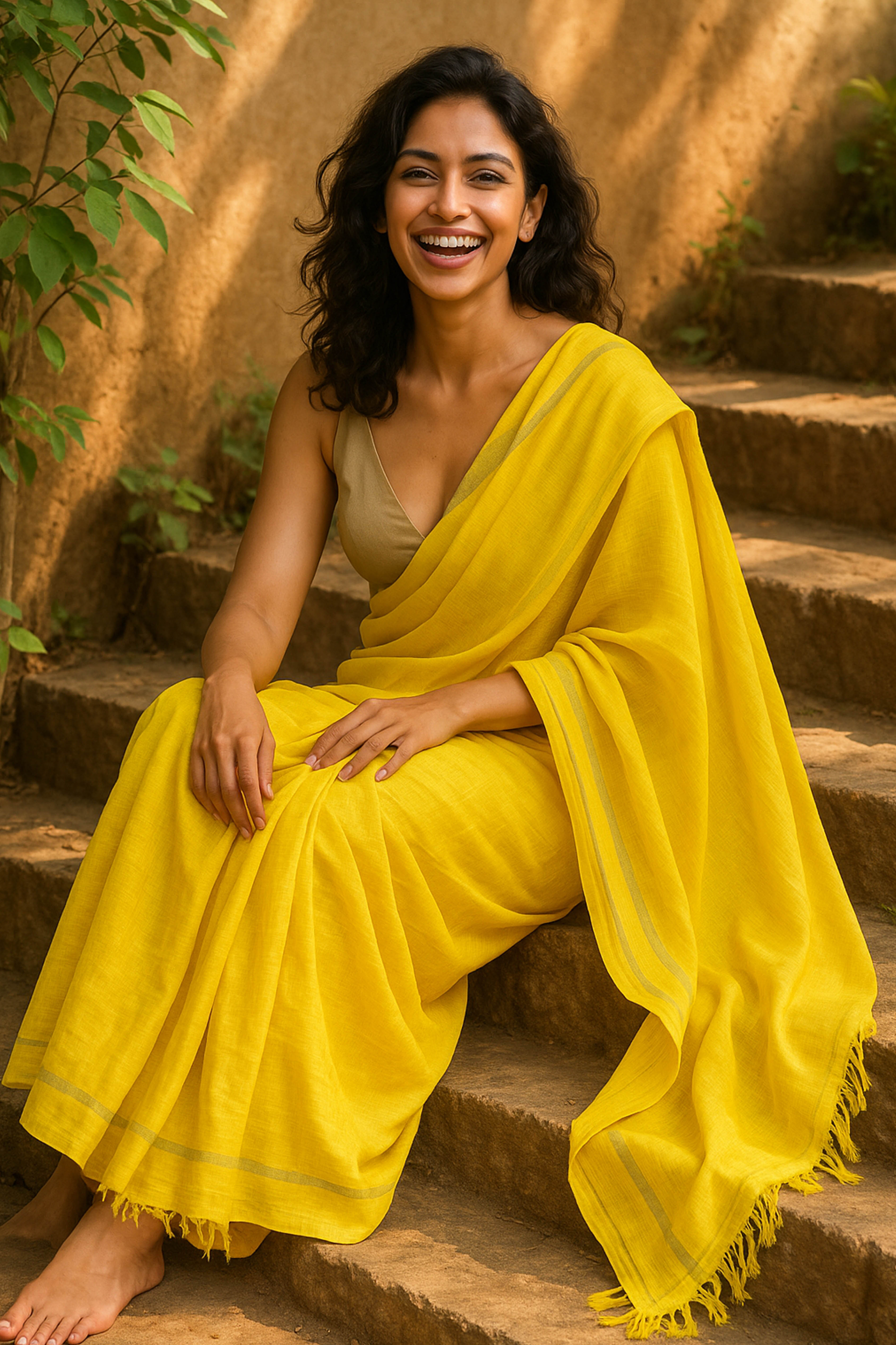 Cotton Saree in Yellow with golden zari - Indian Handloomz