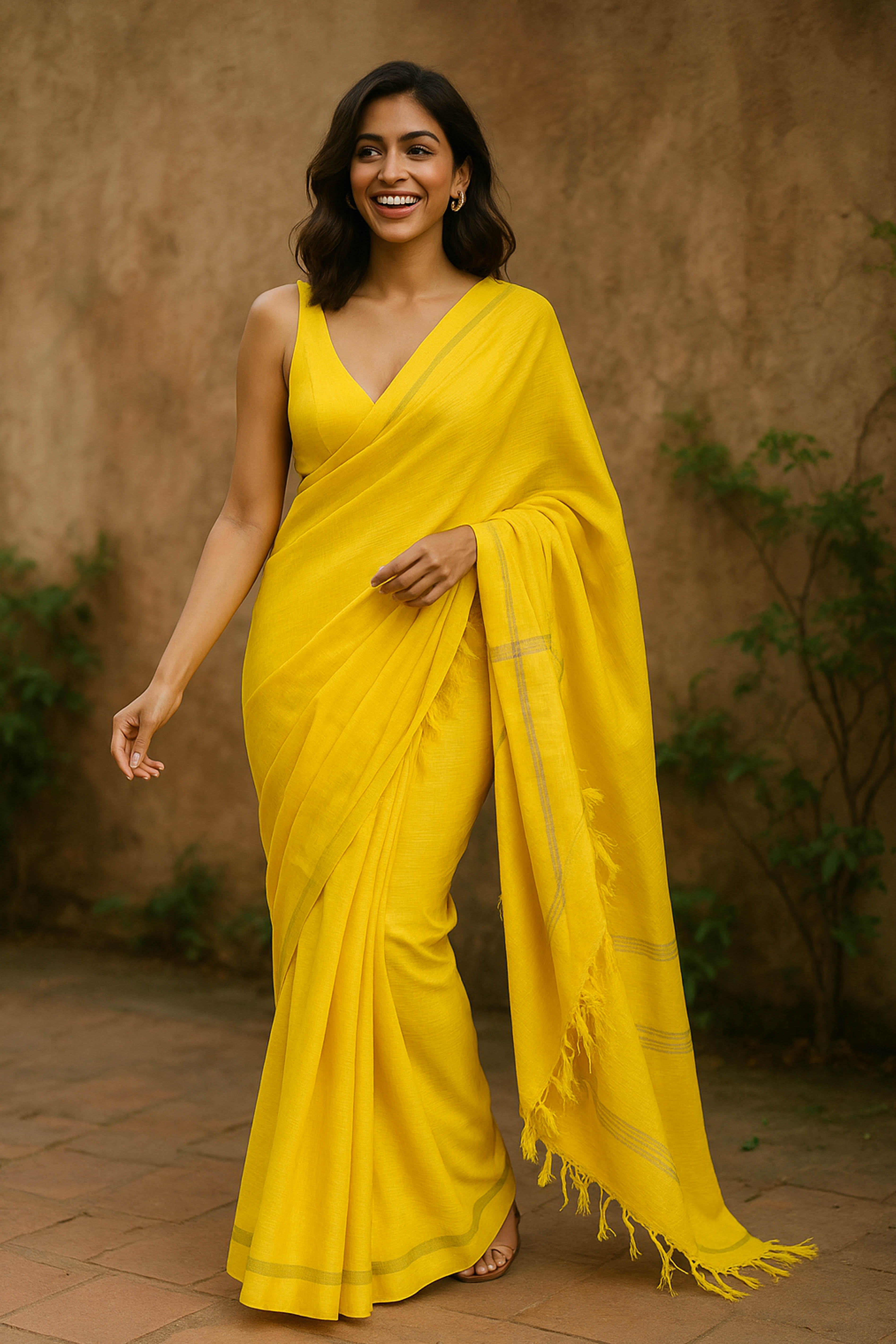 Cotton Saree in Yellow with golden zari - Indian Handloomz