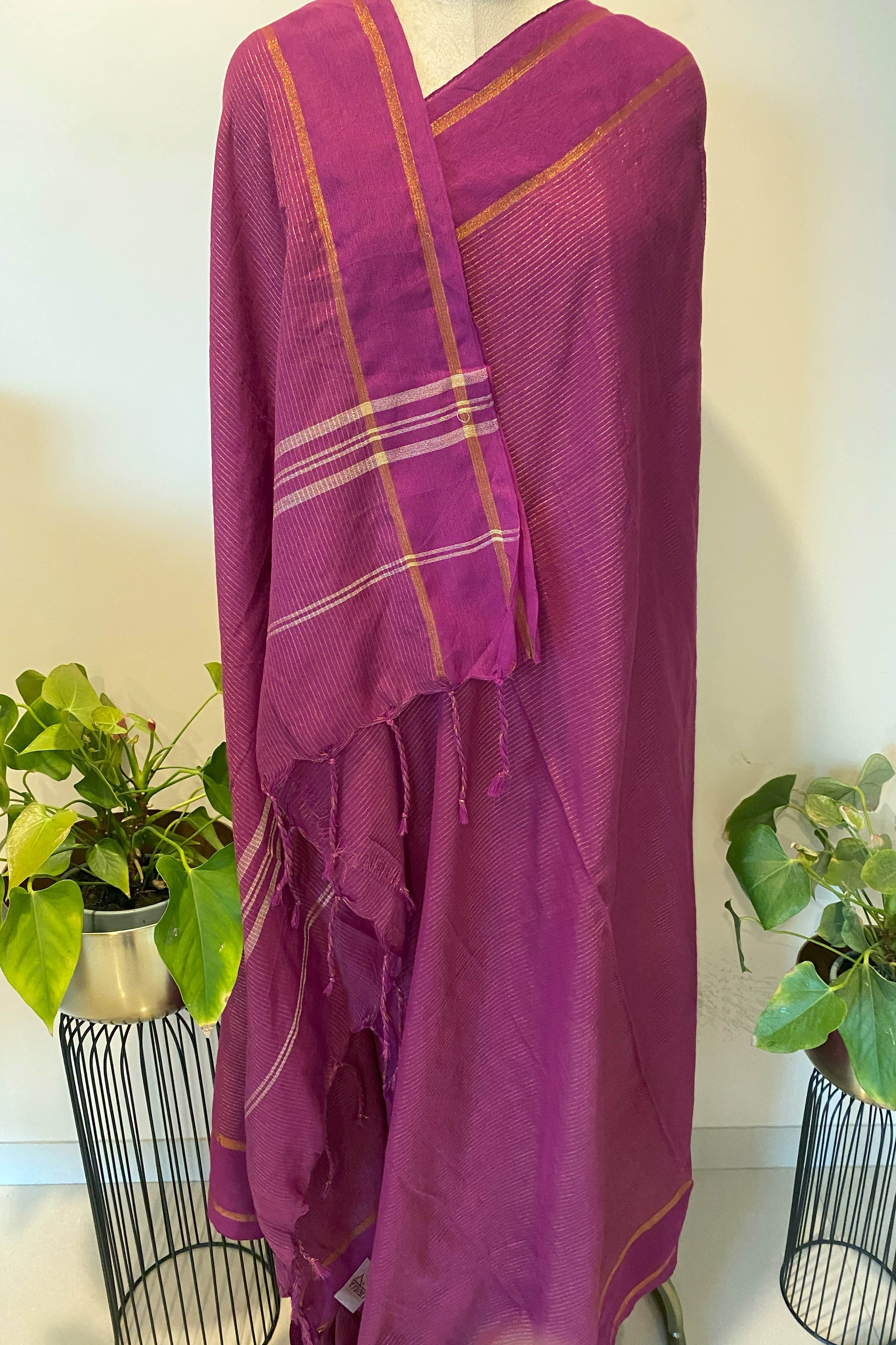 Cotton Wine Saree with Golden Zari - Indian Handloomz