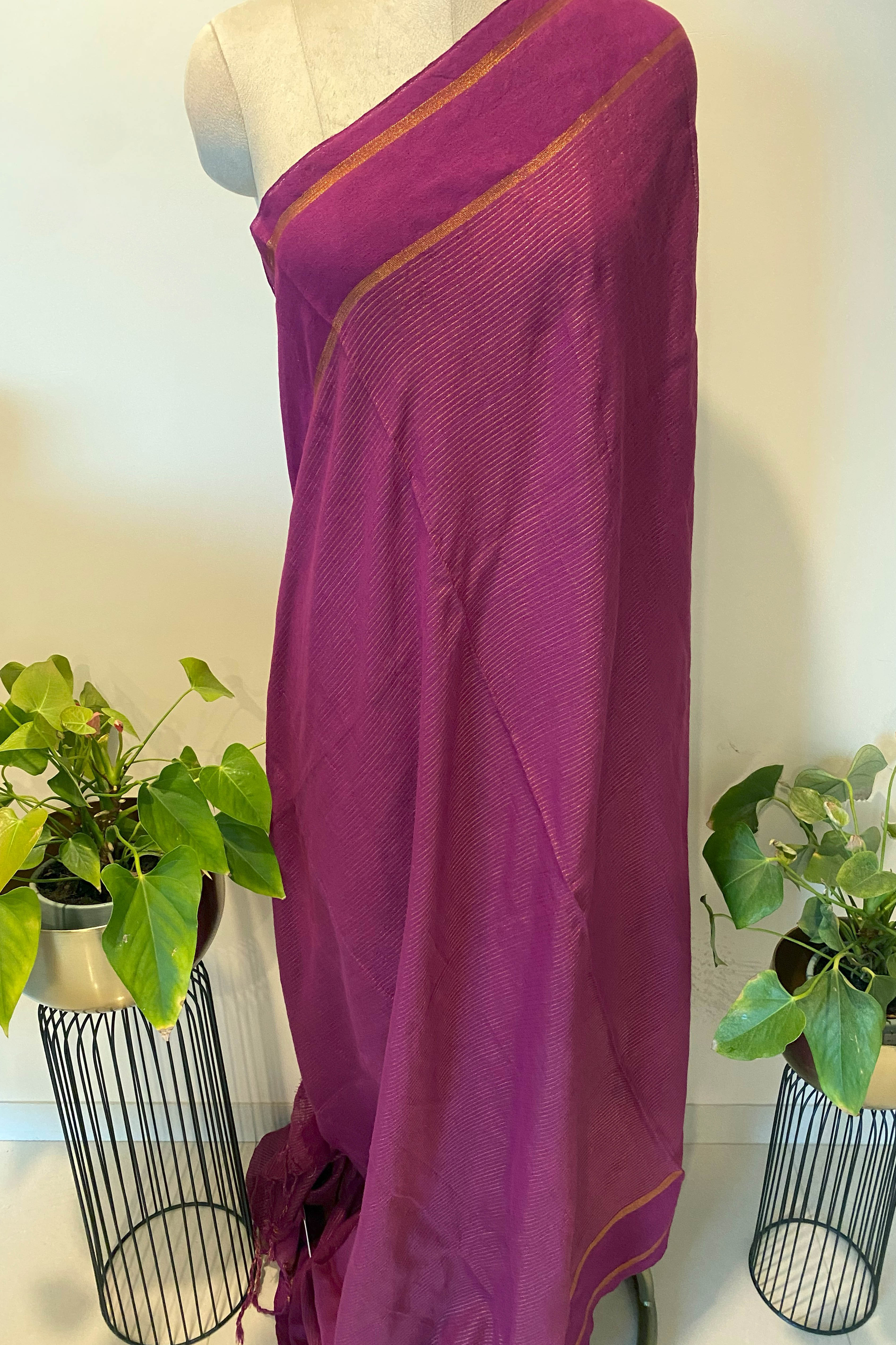 Cotton Wine Saree with Golden Zari - Indian Handloomz