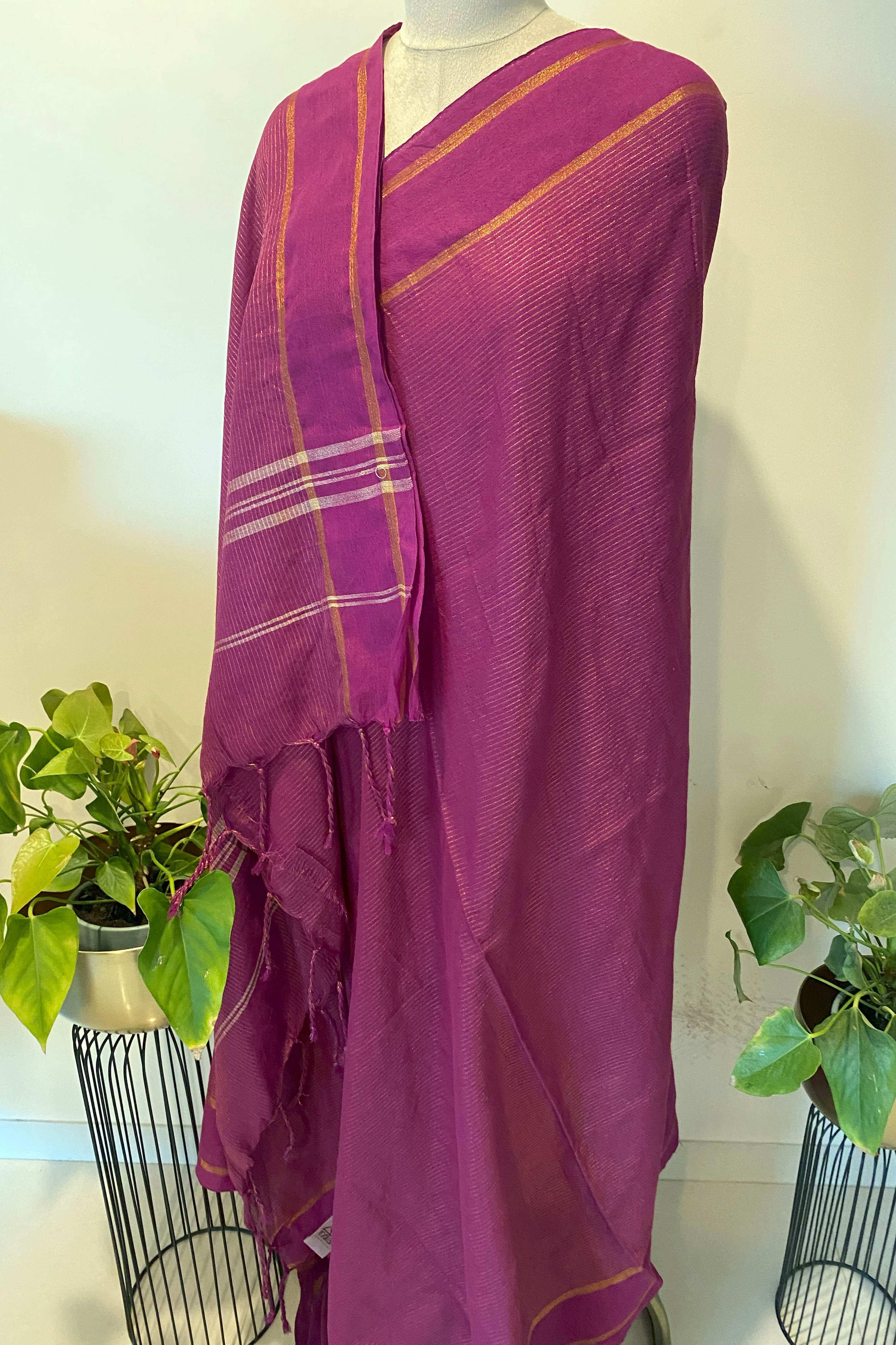Cotton Wine Saree with Golden Zari - Indian Handloomz