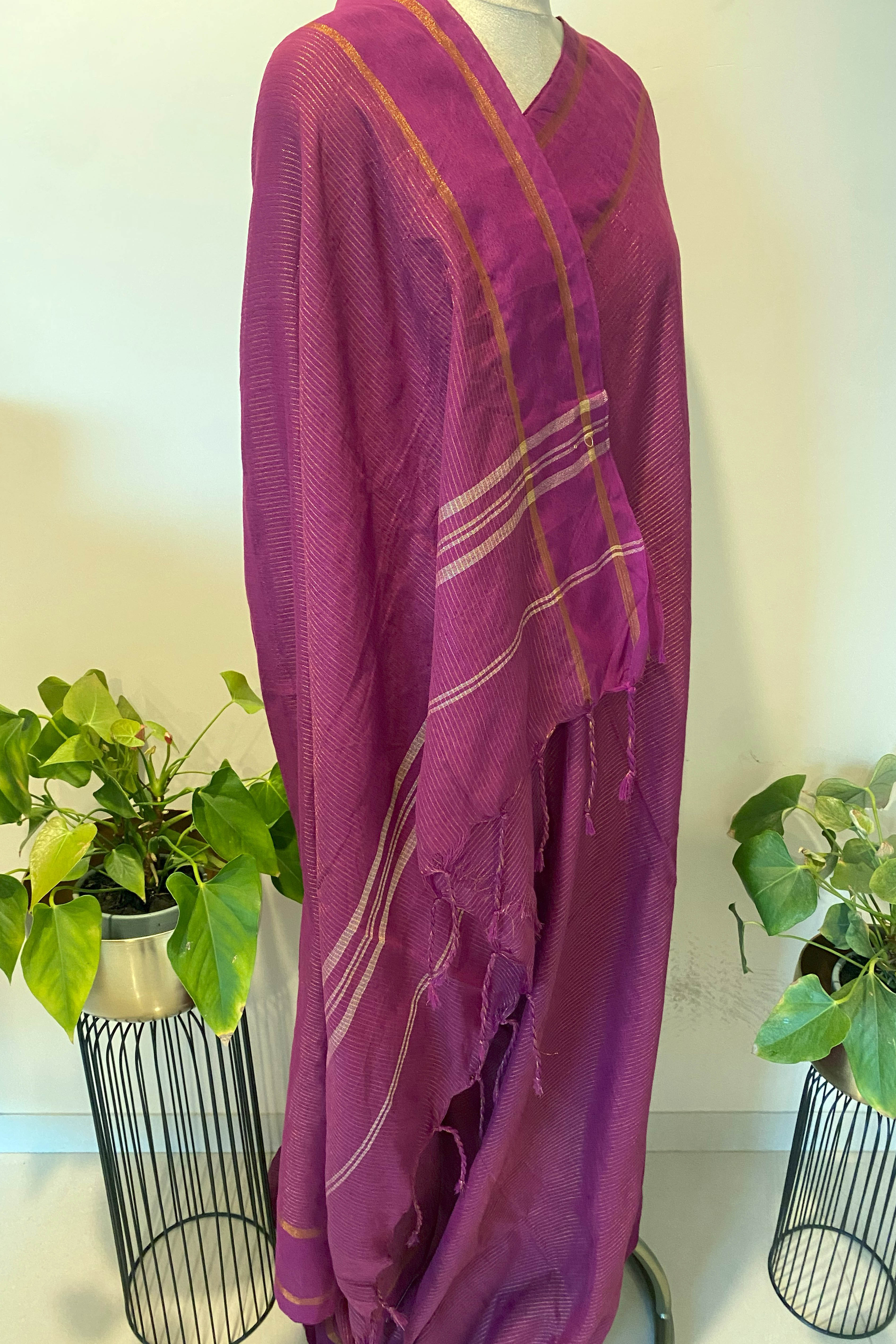 Cotton Wine Saree with Golden Zari - Indian Handloomz