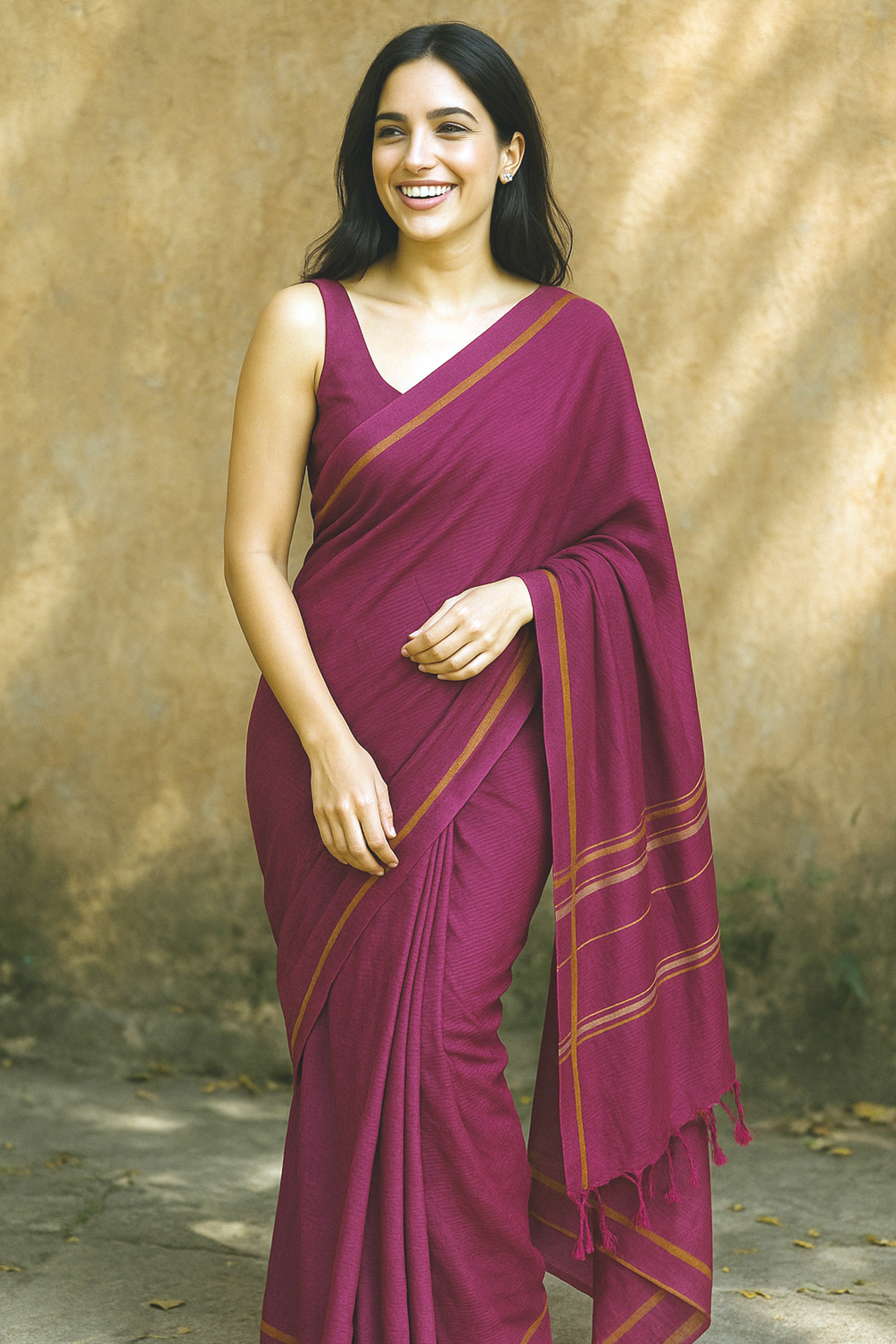 Cotton Wine Saree with Golden Zari - Indian Handloomz