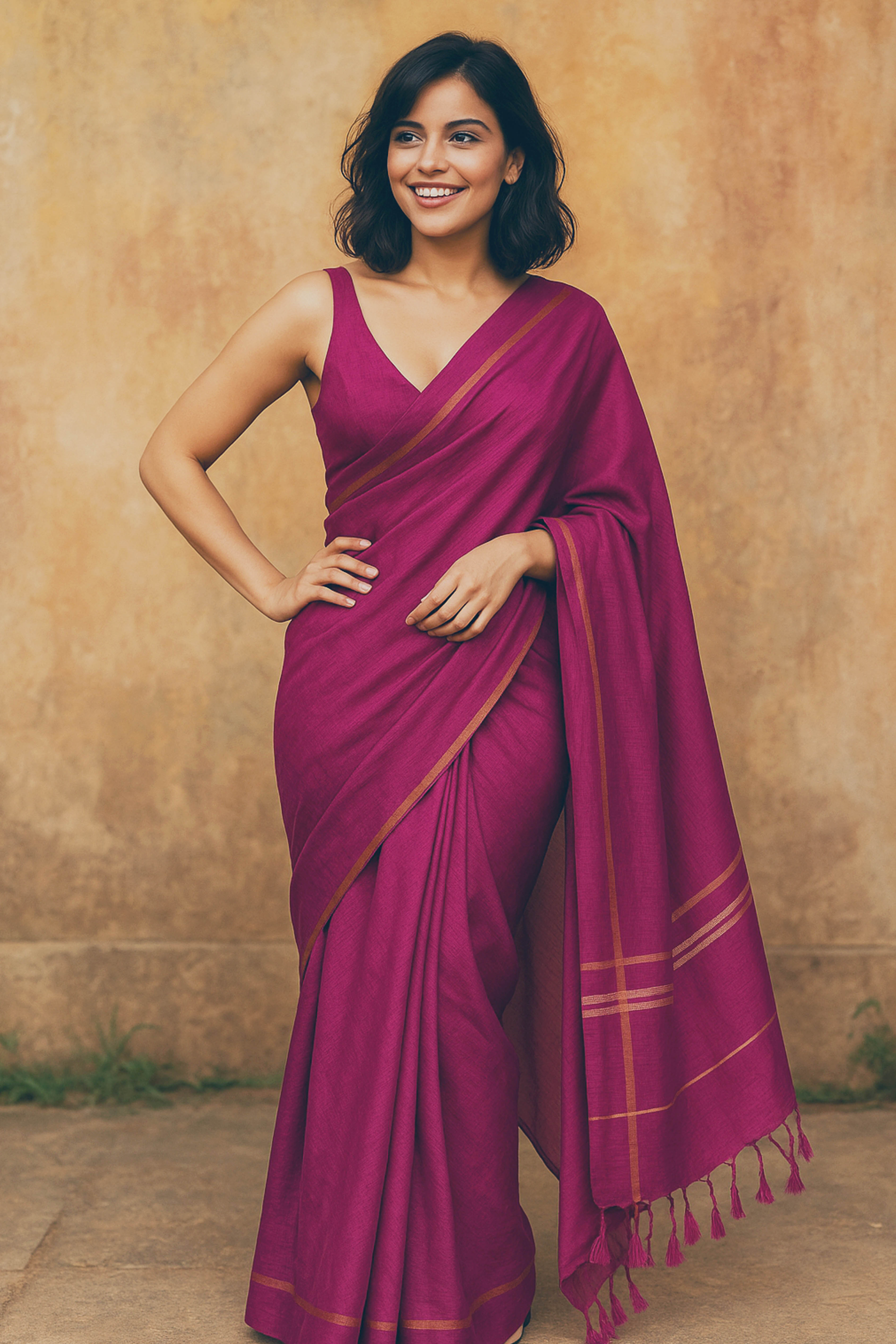 Cotton Wine Saree with Golden Zari - Indian Handloomz