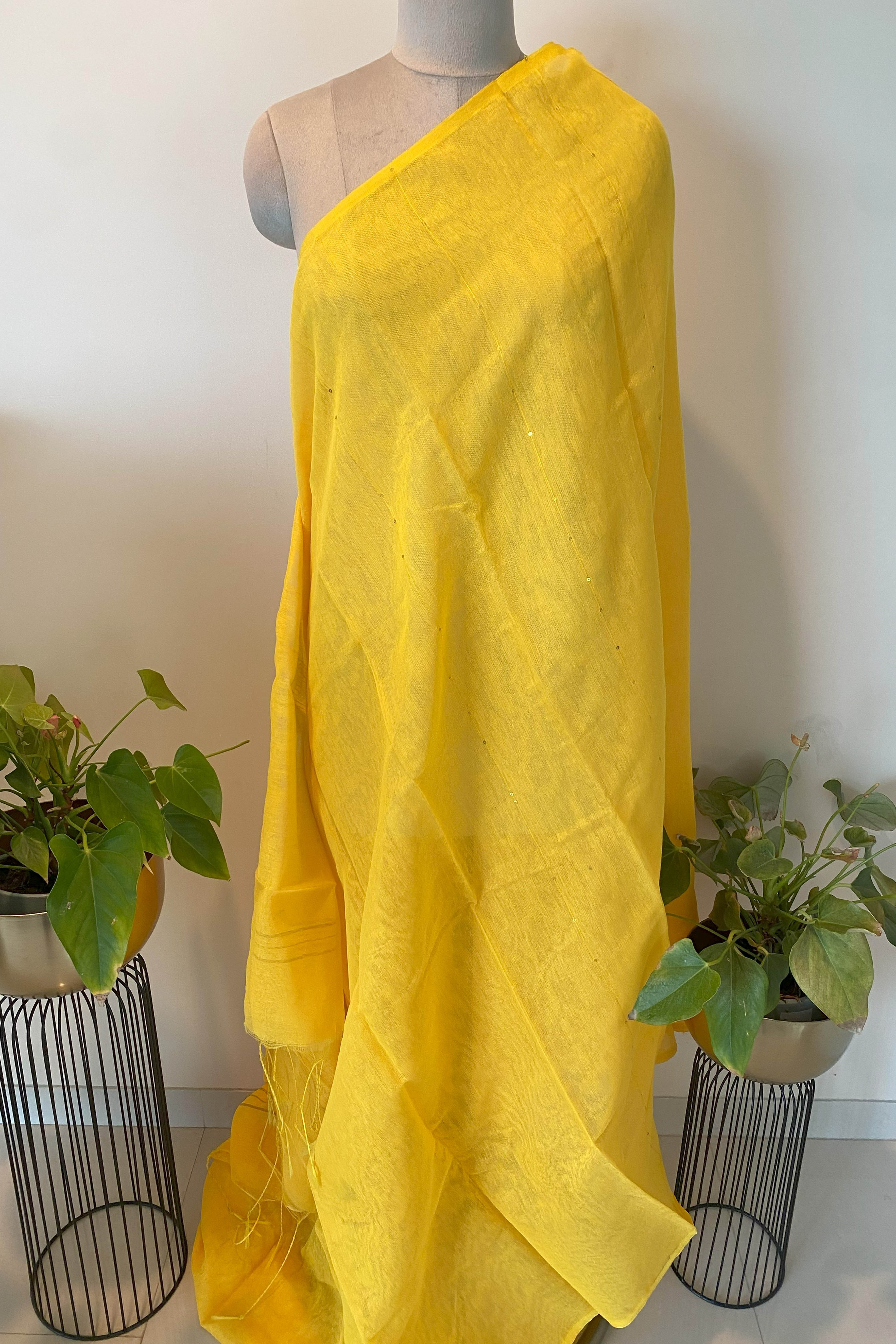 Cotton Yellow Saree with Sequins - Indian Handloomz