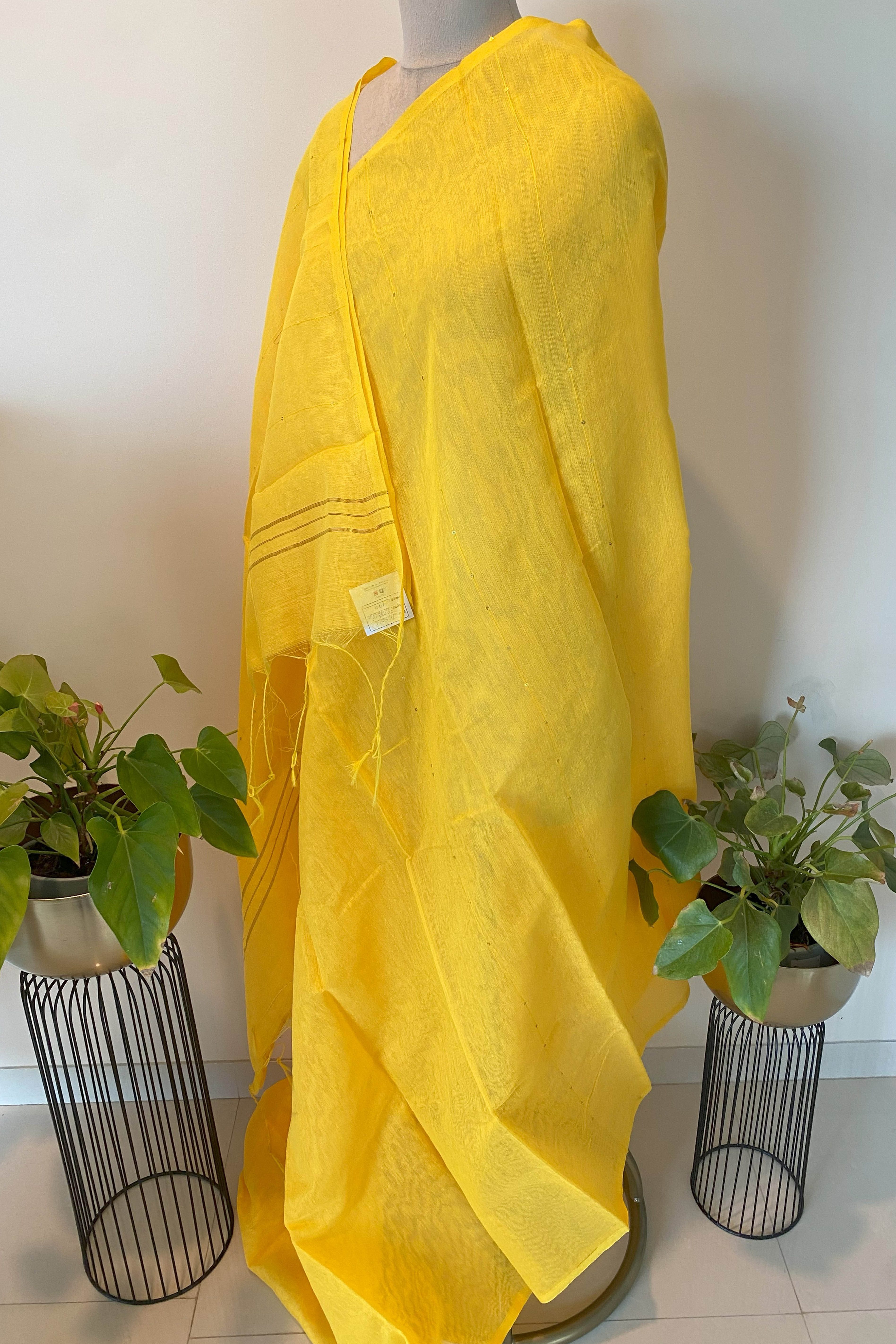Cotton Yellow Saree with Sequins - Indian Handloomz